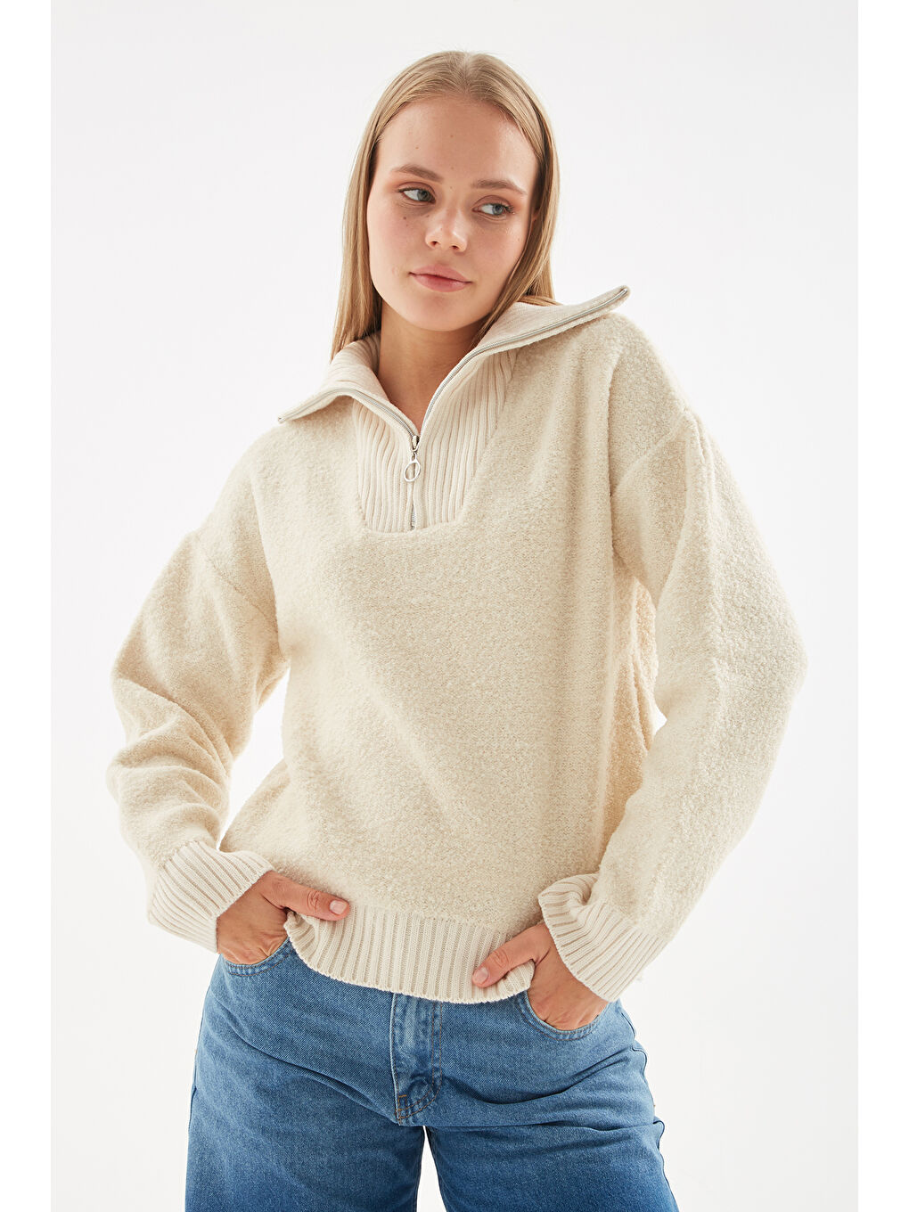 Fashion Friends Bej Regular Fit Yarım Fermuarlı Kadın Sweat 24K0373K1