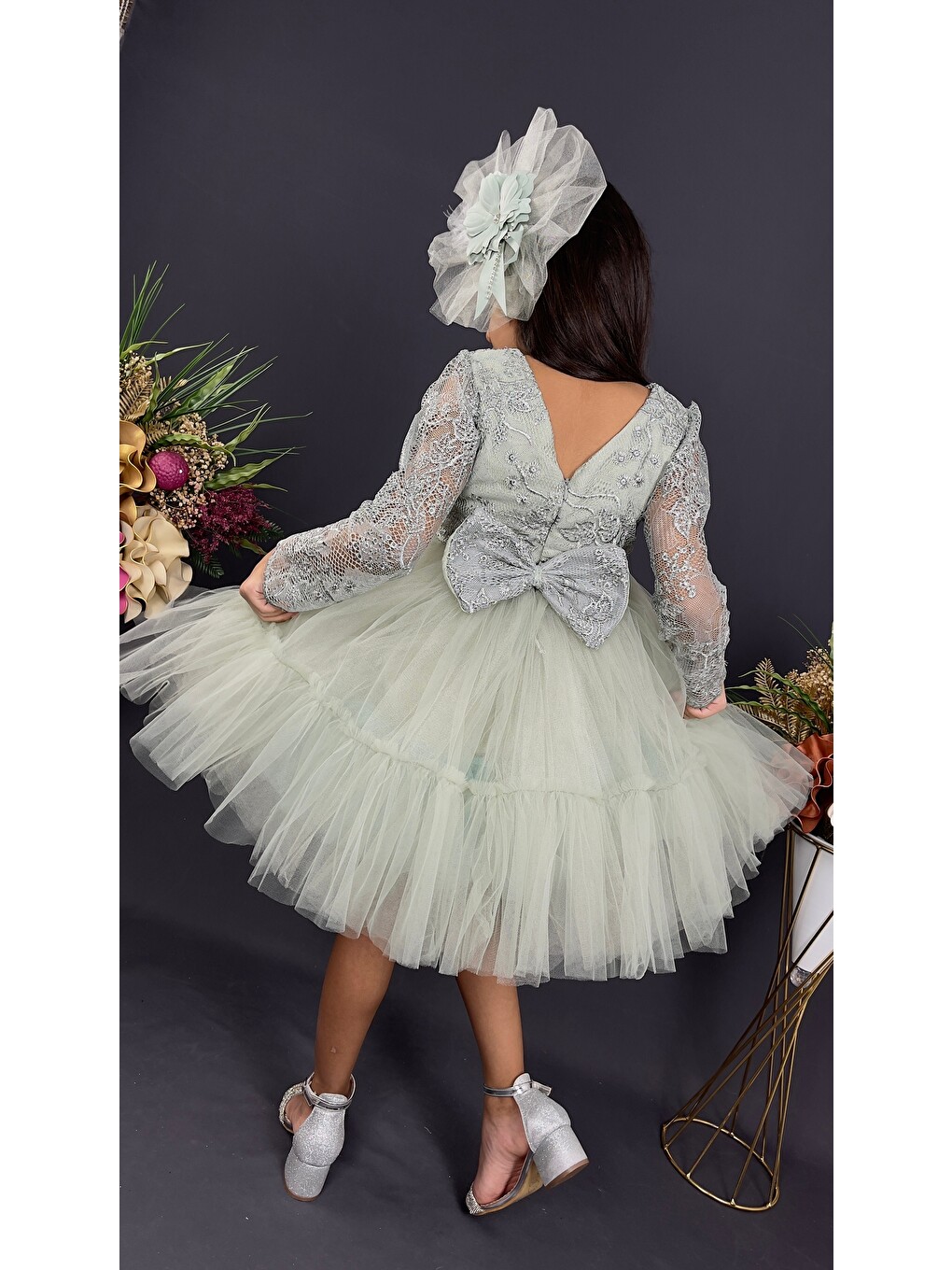 Yeşil Uzun Kol Güpürlü Tokalı Vintage Abiye Elbise Mnk0472-9