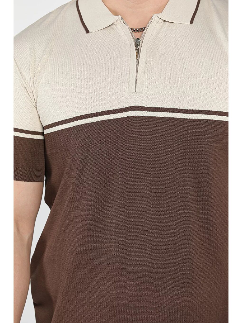 Bej Erkek Polo Yaka Yarım Fermuarlı Triko Tişört-3
