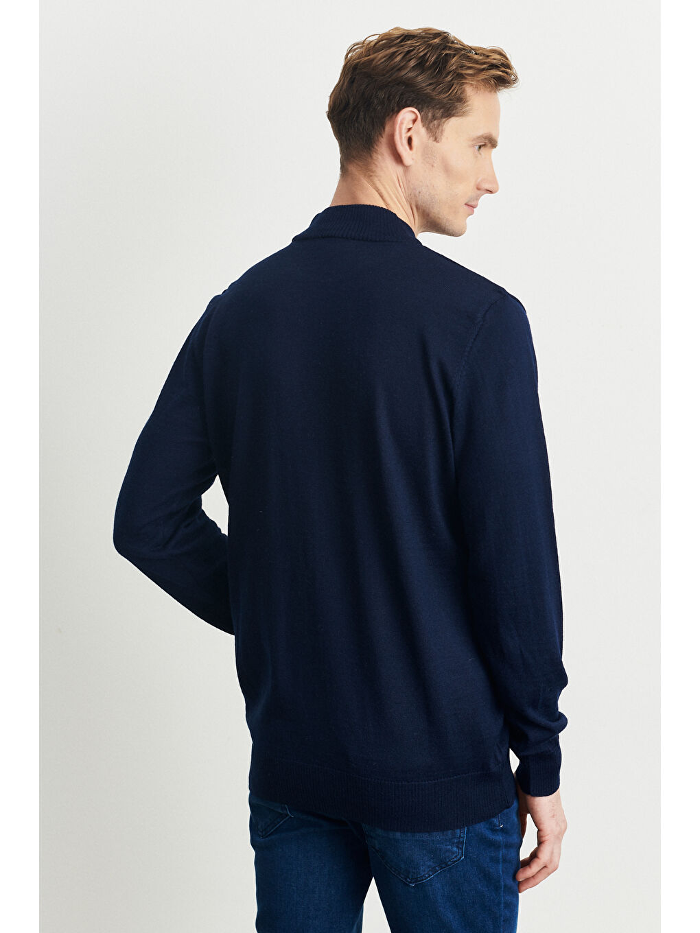 Erkek Lacivert Standart Fit Normal Kesim Yarım Balıkçı Yaka Yünlü Triko-4