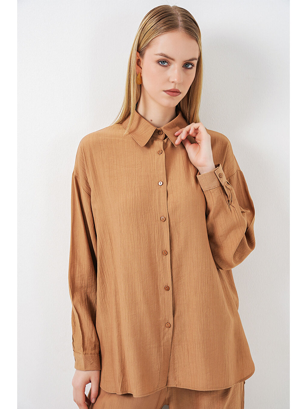 Sarı Kadın Dokulu Gömlek Pantolon İkili Takım 6710 - Camel-1