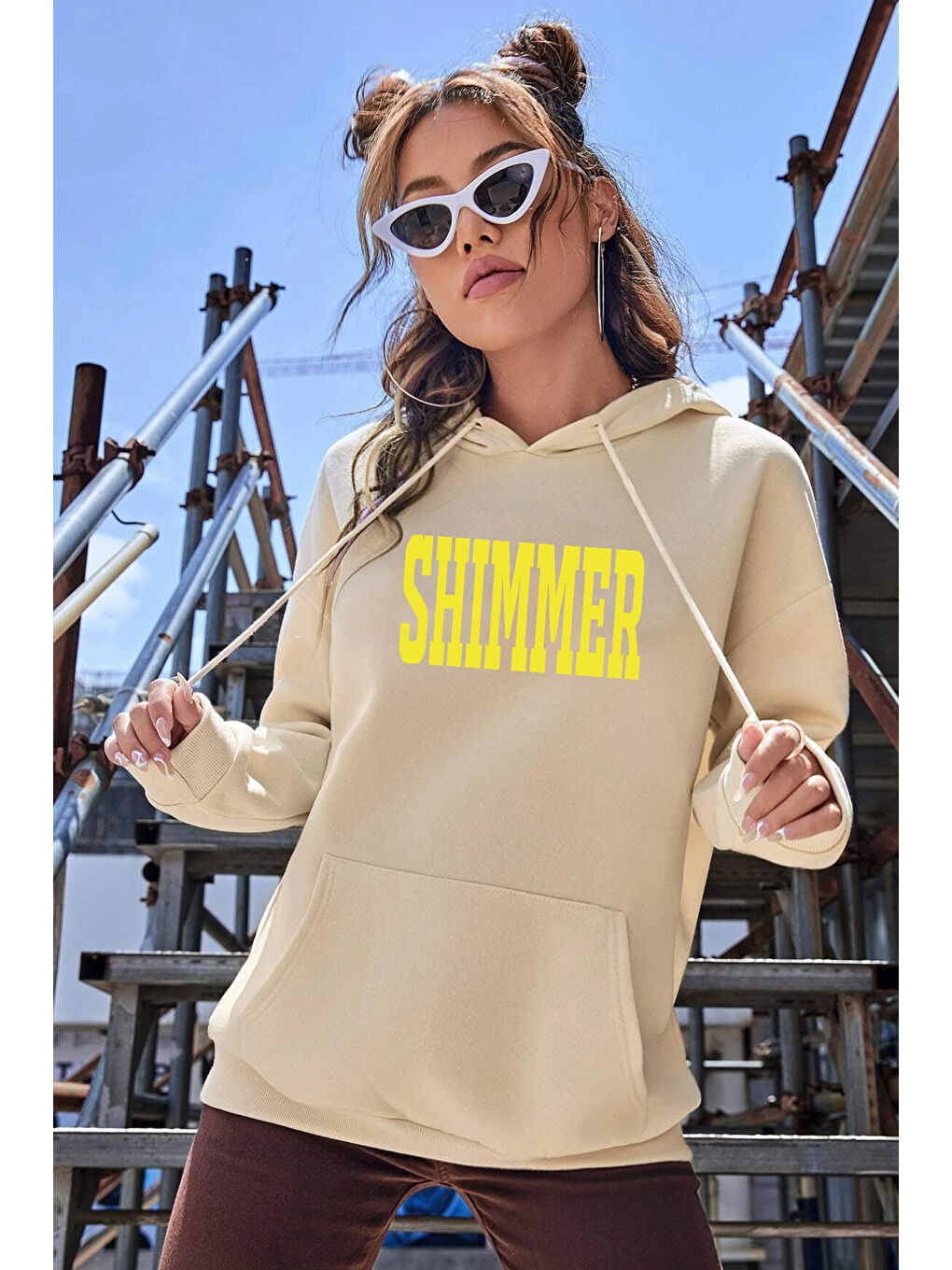 uyguntarz Bej Unisex Oversize Shimmer Baskılı Sweatshirt