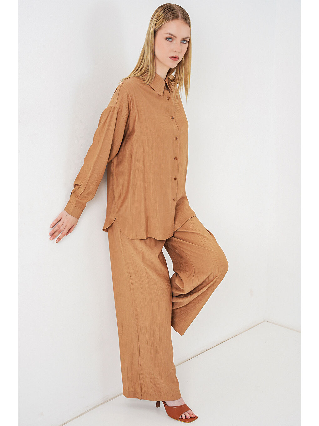 Sarı Kadın Dokulu Gömlek Pantolon İkili Takım 6710 - Camel-2