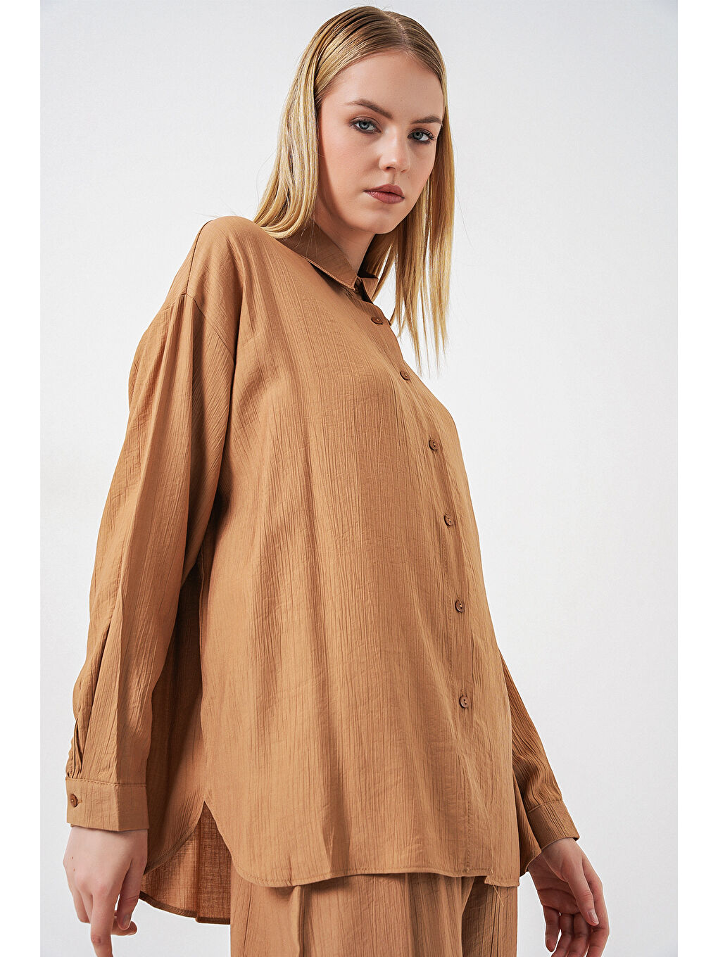 Sarı Kadın Dokulu Gömlek Pantolon İkili Takım 6710 - Camel-3