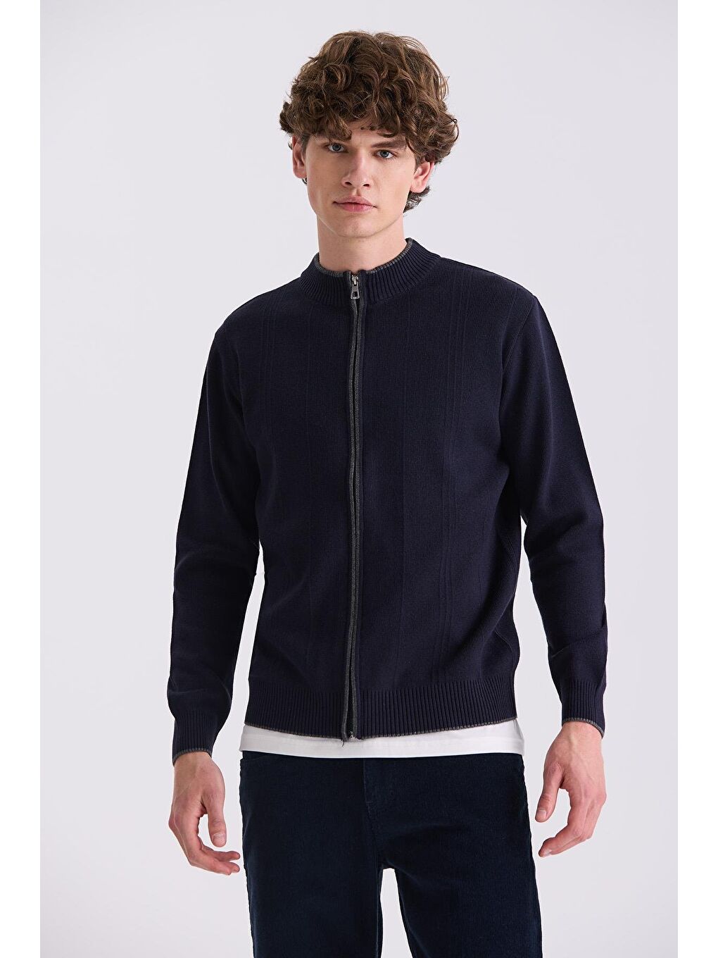 Lacivert Classic Fit Düz Fermuarlı Dik Yaka Triko Hırka