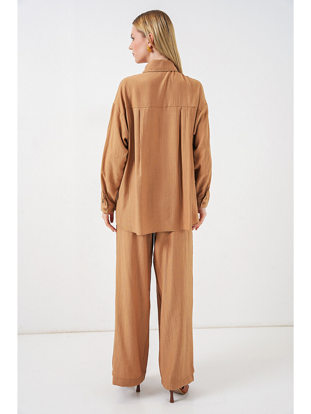 Sarı Kadın Dokulu Gömlek Pantolon İkili Takım 6710 - Camel-5