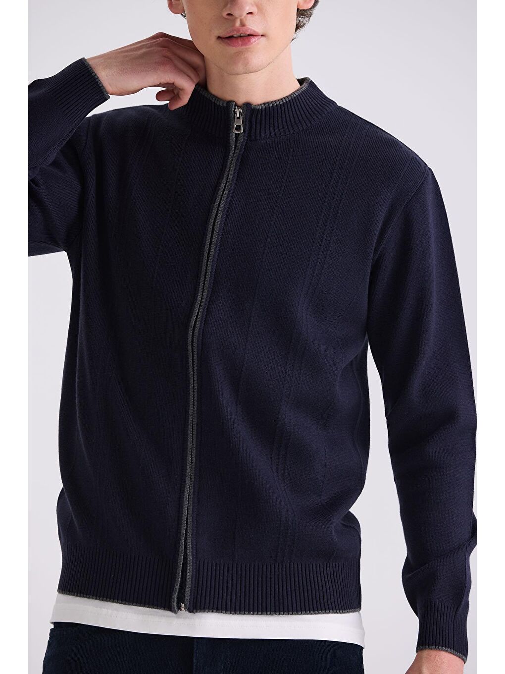 Lacivert Classic Fit Düz Fermuarlı Dik Yaka Triko Hırka-2