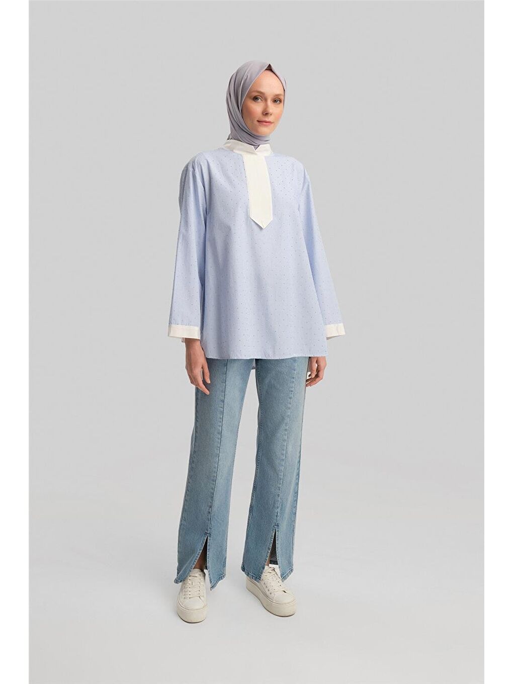 Grogrenli Ve Taşlı Çizgili Gömlek 24Y3556 Mavi-2