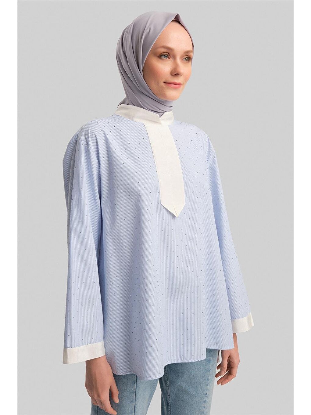 Grogrenli Ve Taşlı Çizgili Gömlek 24Y3556 Mavi-3