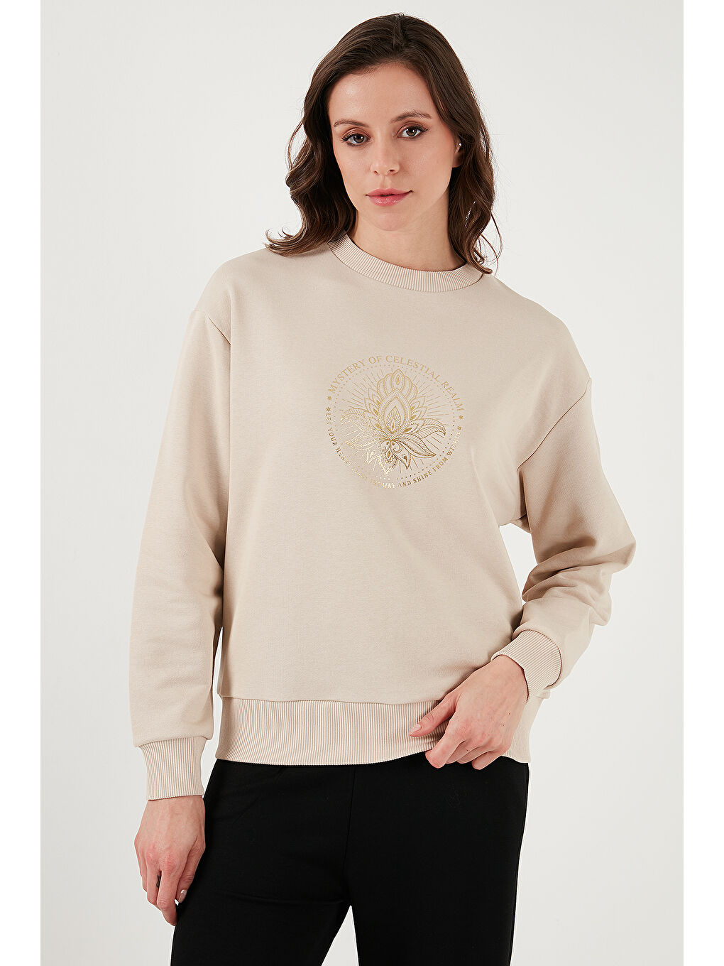 Fashion Friends Bej Pamuk Karışımlı Regular Fit Bisiklet Yaka Baskılı Kadın Sweat 24K0108K1