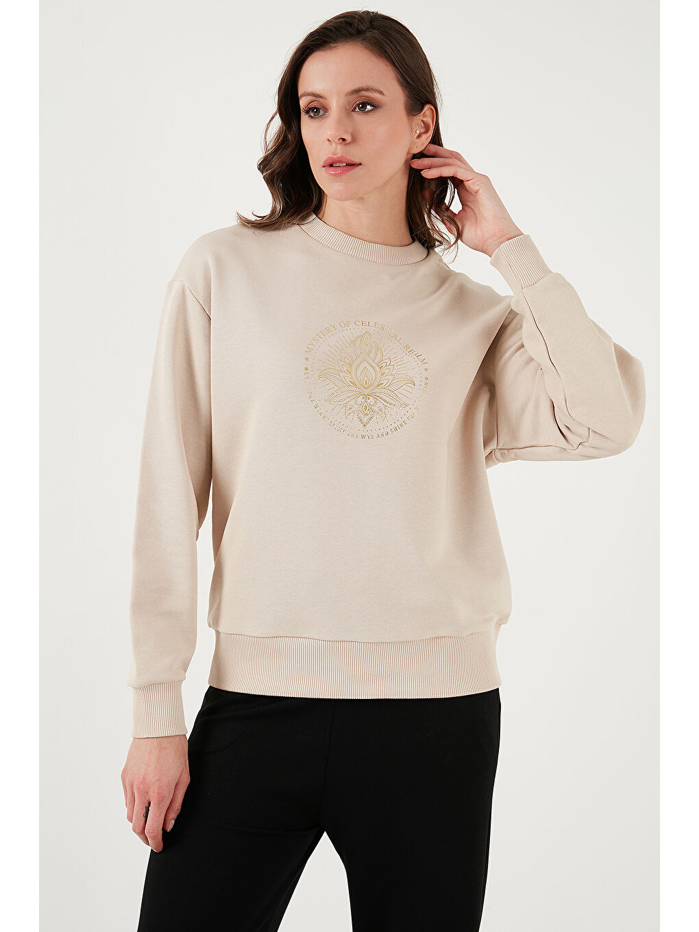 Fashion Friends Bej Pamuk Karışımlı Regular Fit Bisiklet Yaka Baskılı Kadın Sweat 24K0108K1 - 2