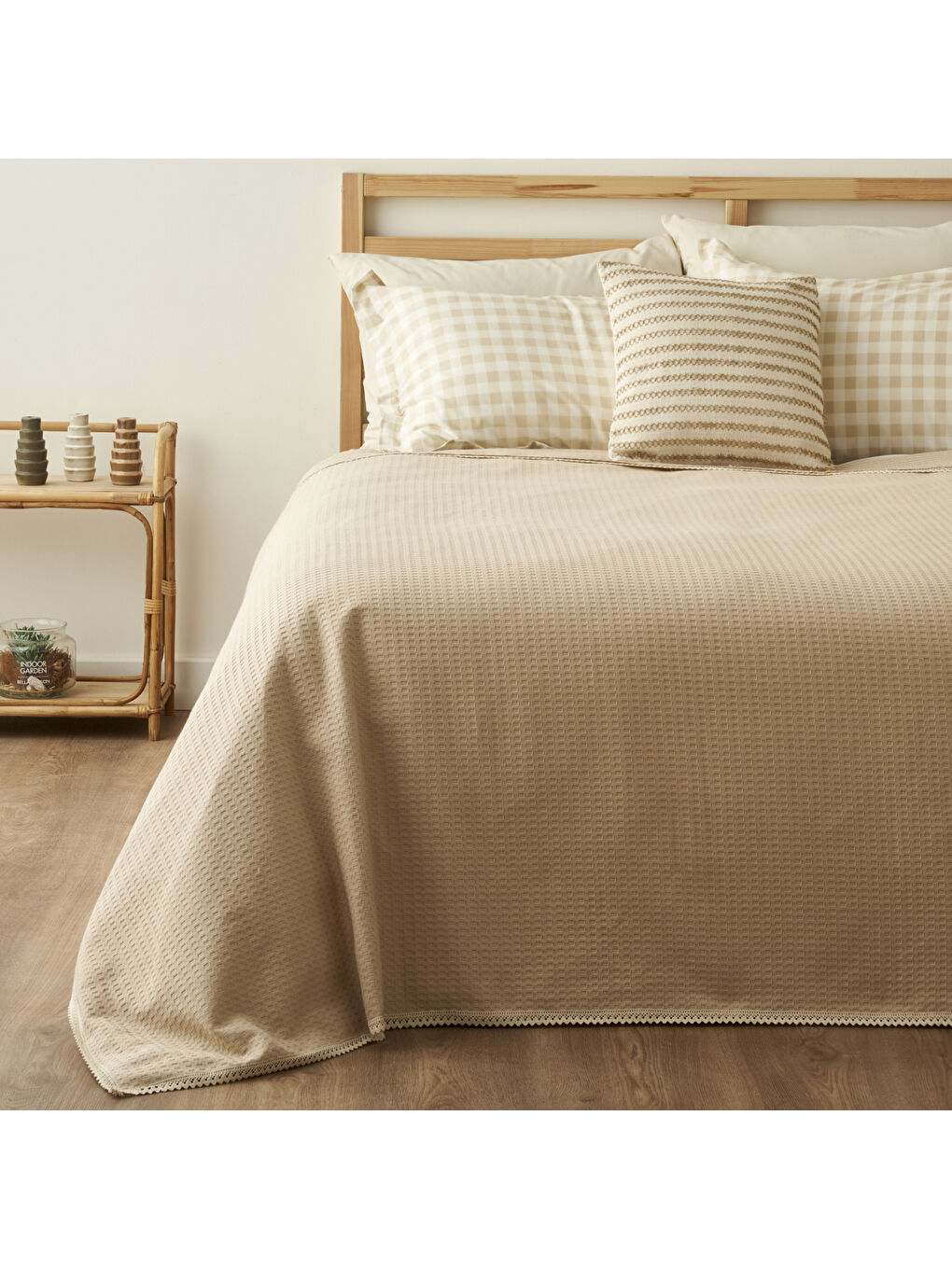 Pavia Pamuklu Çift Kişilik Pike Takımı Bej  (200x220 cm)-1
