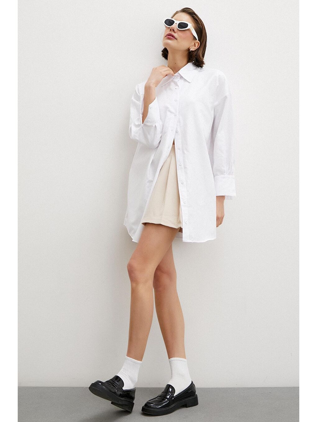 Ekru Uzun Kollu Kadın Gömlek ve Pileli Etek Takımı-2