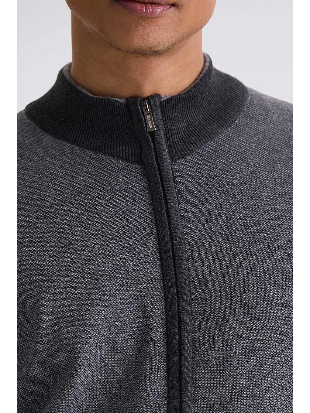 Gri Slim Fit Fermuarlı Triko Hırka-2