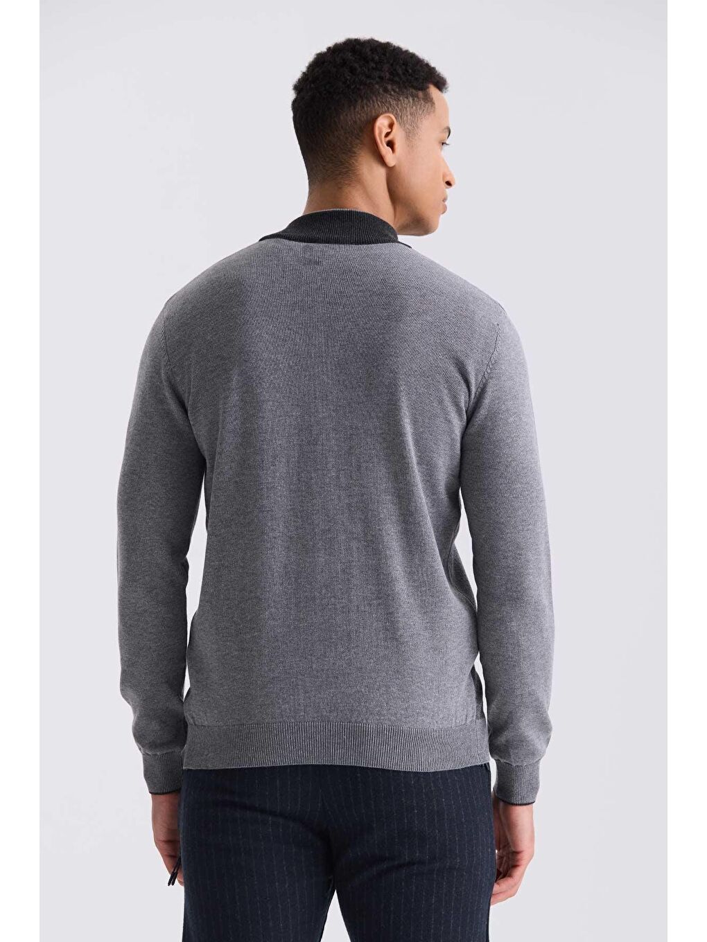 Gri Slim Fit Fermuarlı Triko Hırka-3