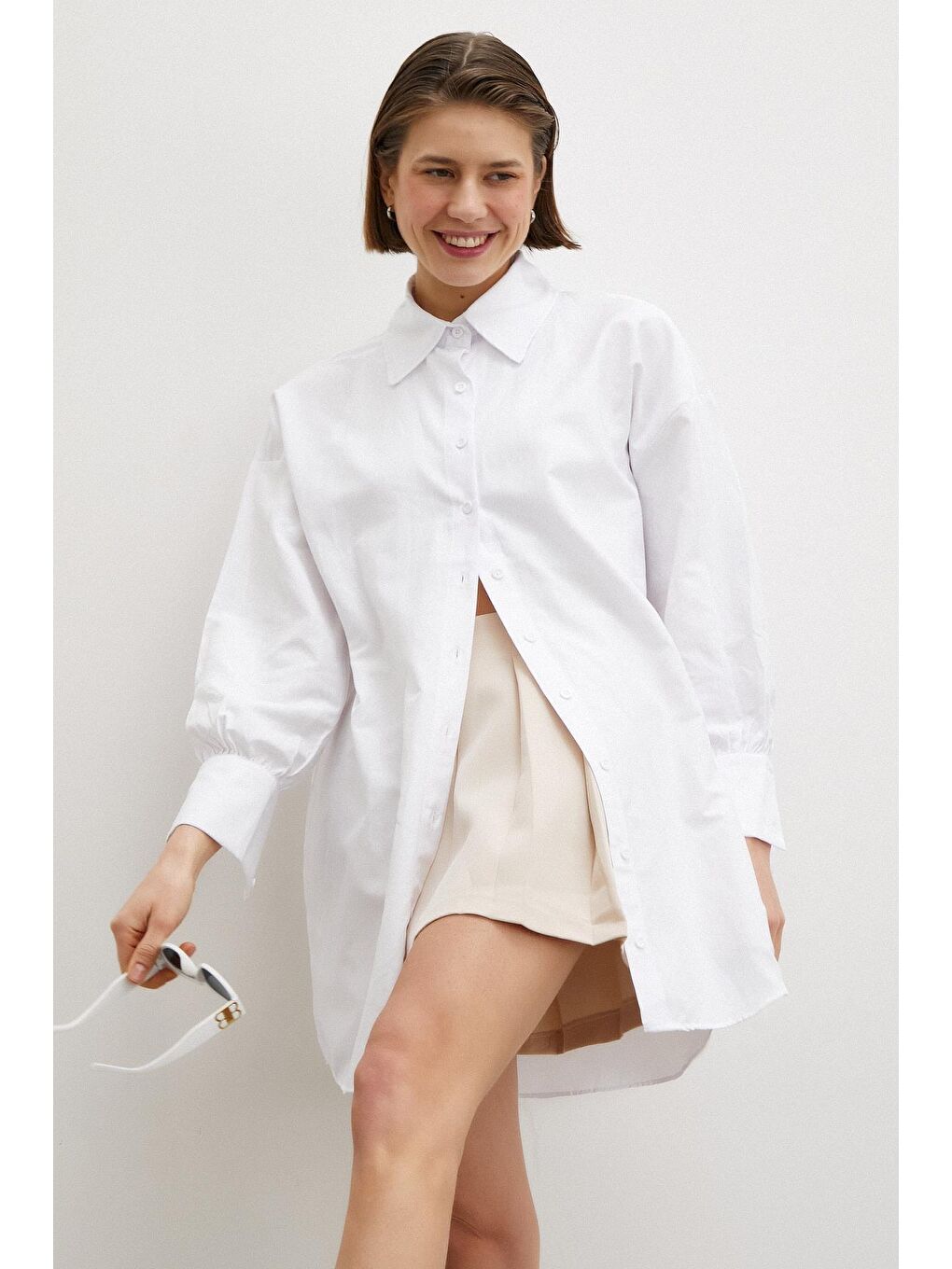 Ekru Uzun Kollu Kadın Gömlek ve Pileli Etek Takımı-3