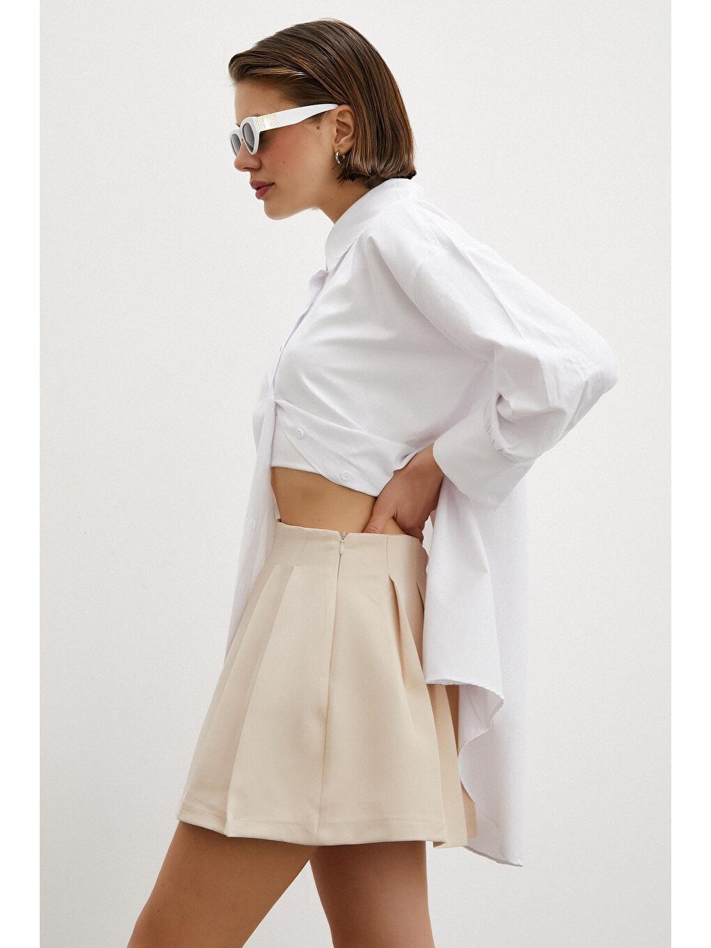 Ekru Uzun Kollu Kadın Gömlek ve Pileli Etek Takımı-4