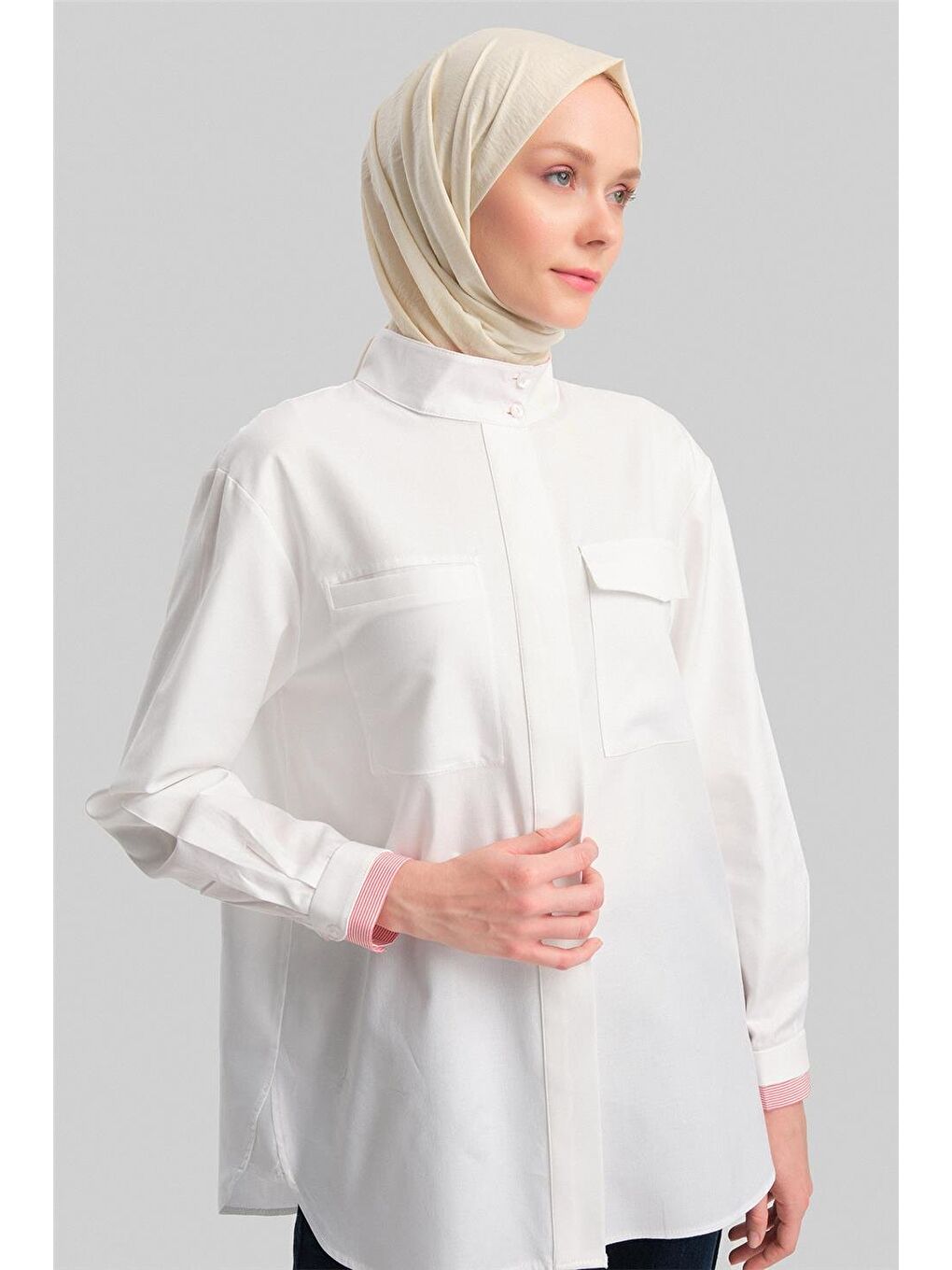 Beyaz Çizgili Garnili Pamuk Gömlek 24Y3524 Kırmızı