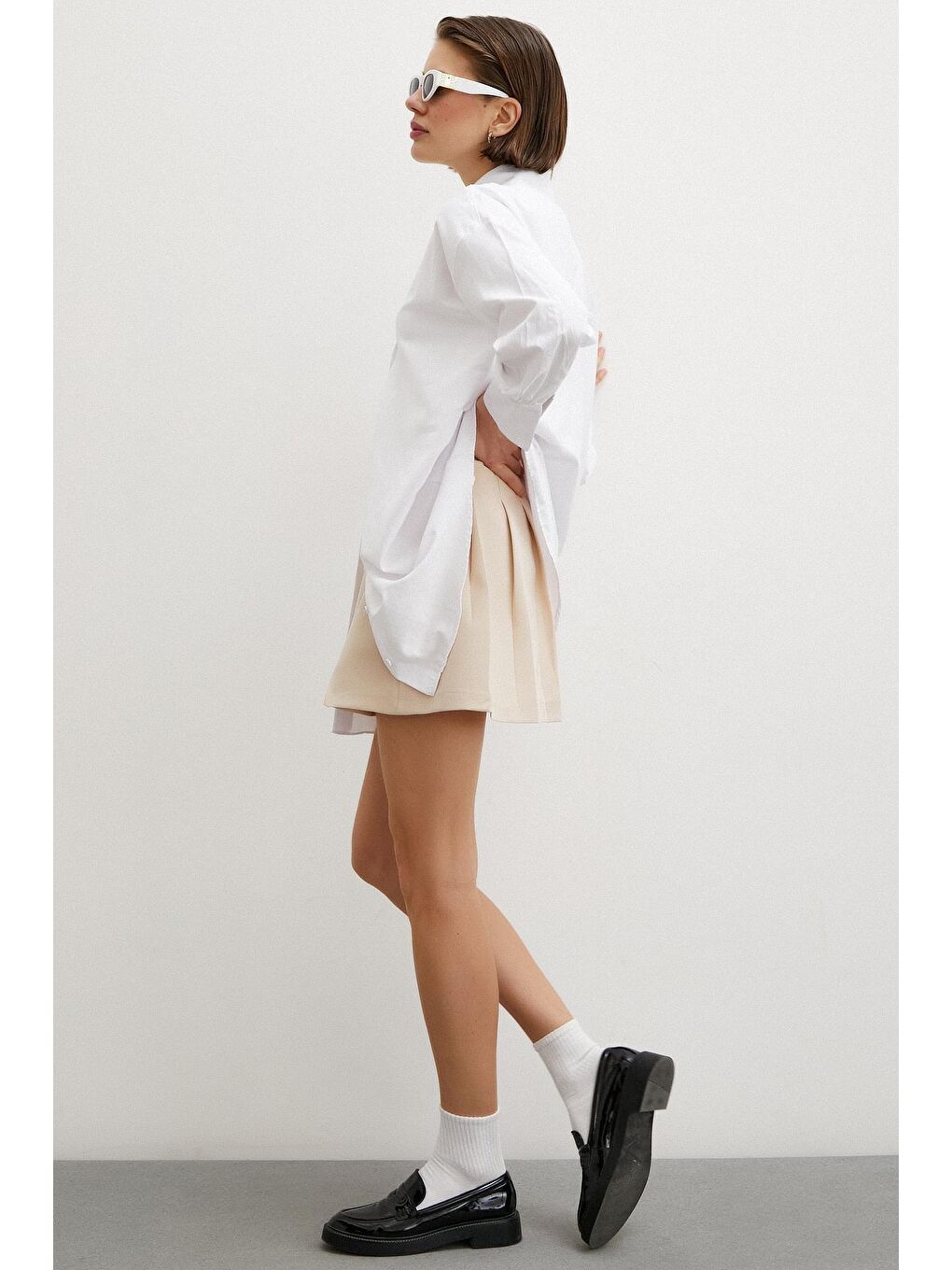 Ekru Uzun Kollu Kadın Gömlek ve Pileli Etek Takımı-5