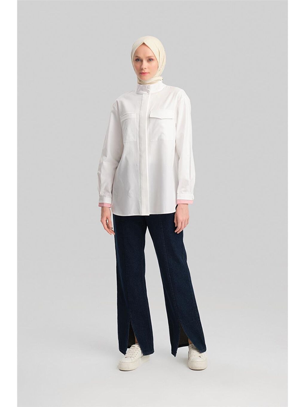 Beyaz Çizgili Garnili Pamuk Gömlek 24Y3524 Kırmızı-2