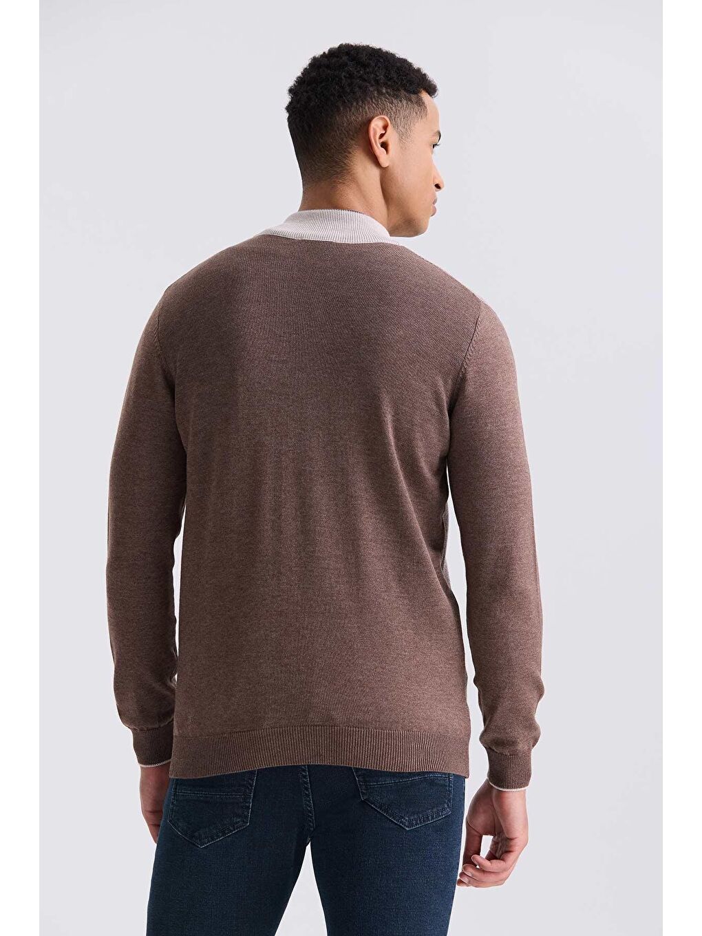Kahverengi Kahve Slim Fit Fermuarlı Triko Hırka-3