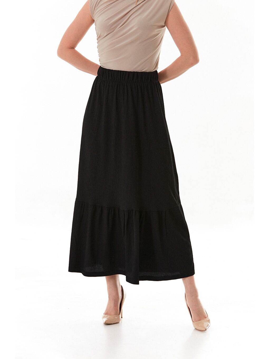 Siyah Bürümcük Kumaş Beli Lastikli Etek-4