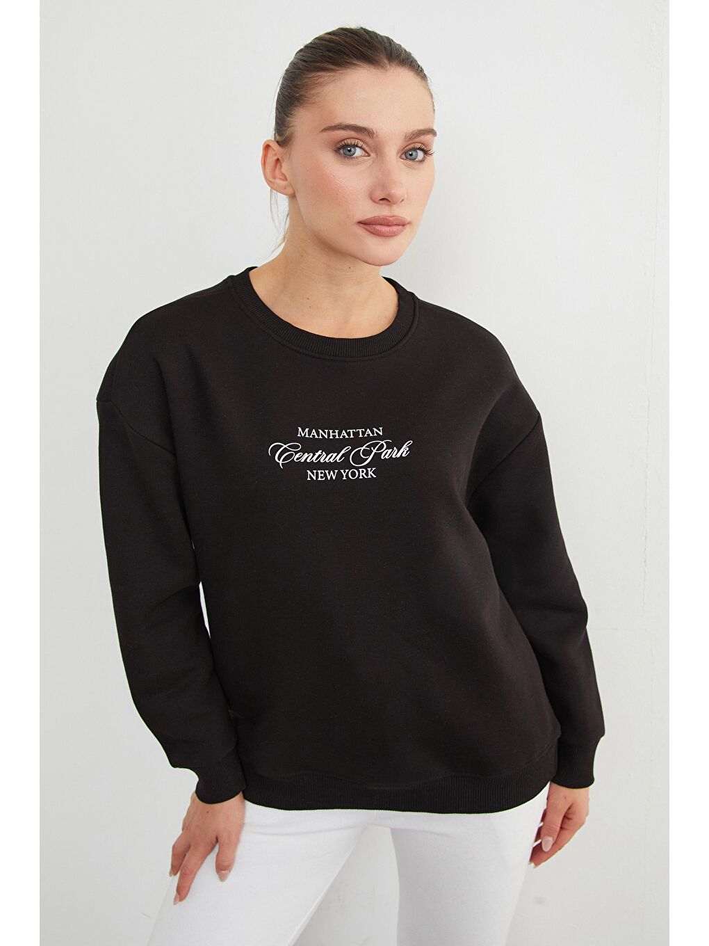 Siyah 3 İplik Manhattan Baskılı Bisiklet Yaka Sweatshirt