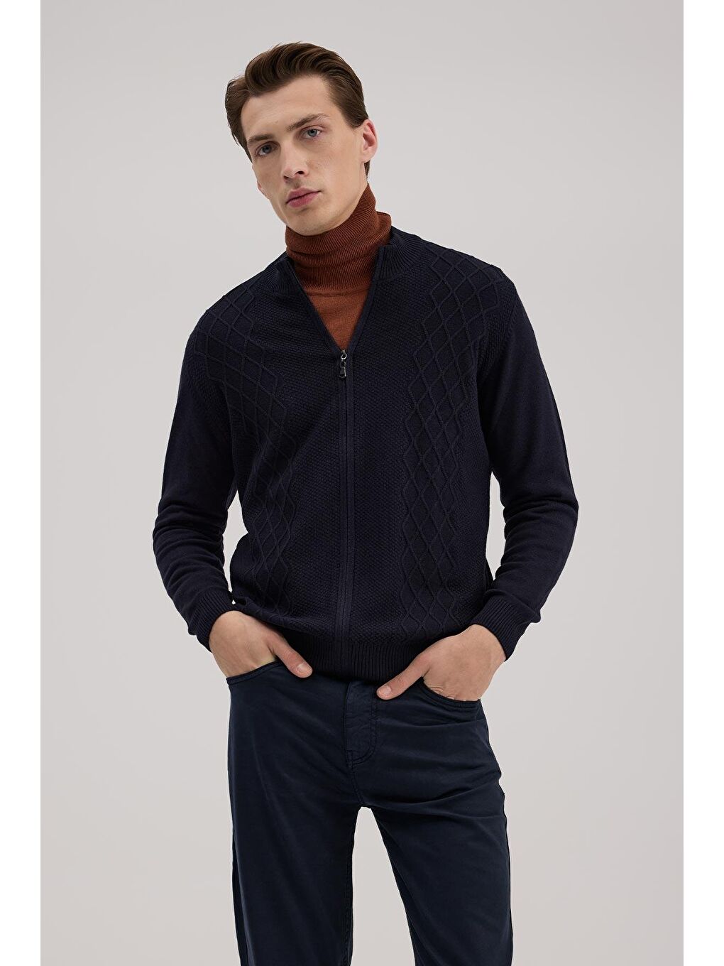 Lacivert Regular Fit Desenli Fermuarlı Triko Hırka-1