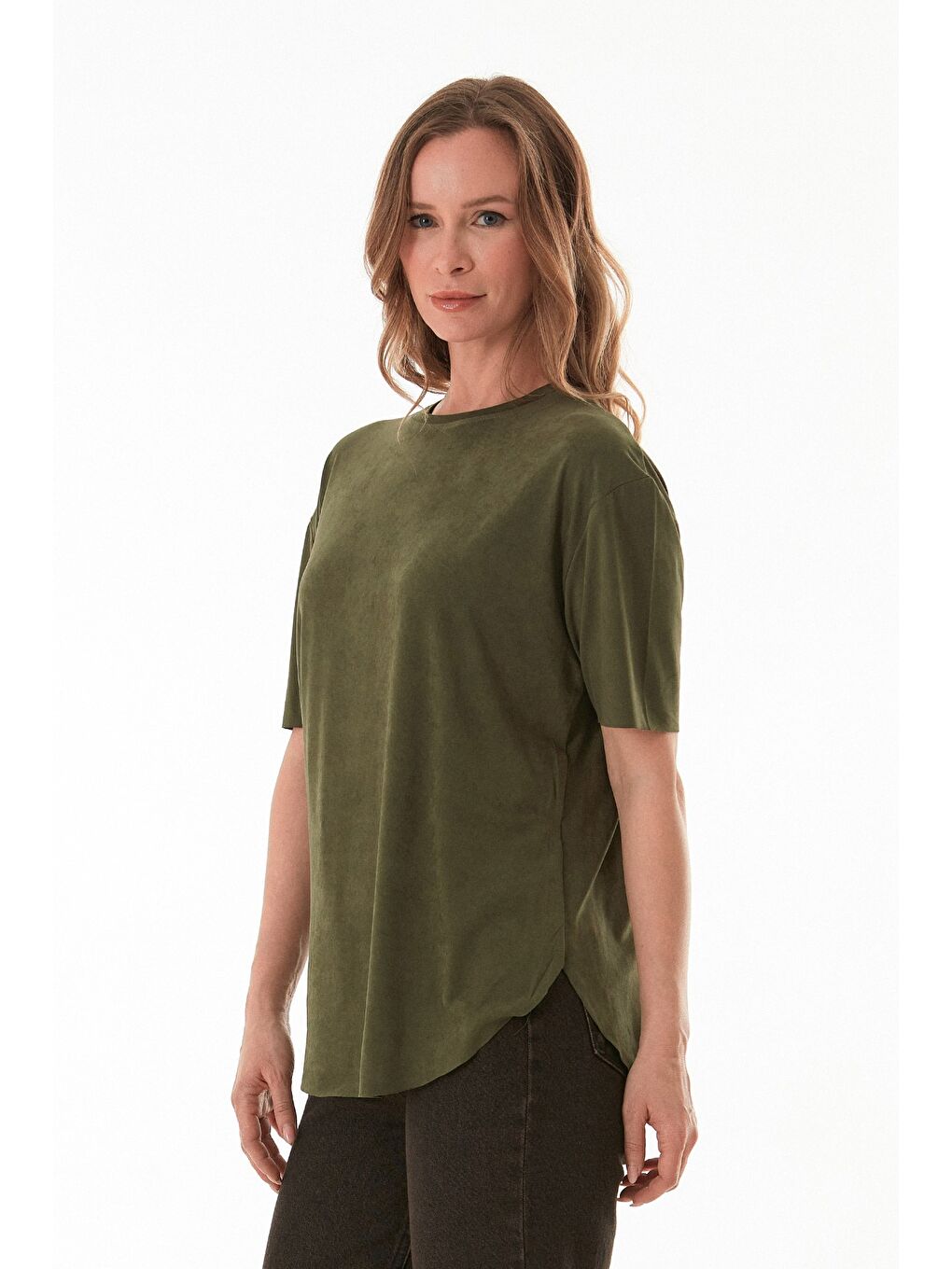 Haki Basic Bisiklet Yaka Yanları Yırtmaçlı Modal Tişört-4