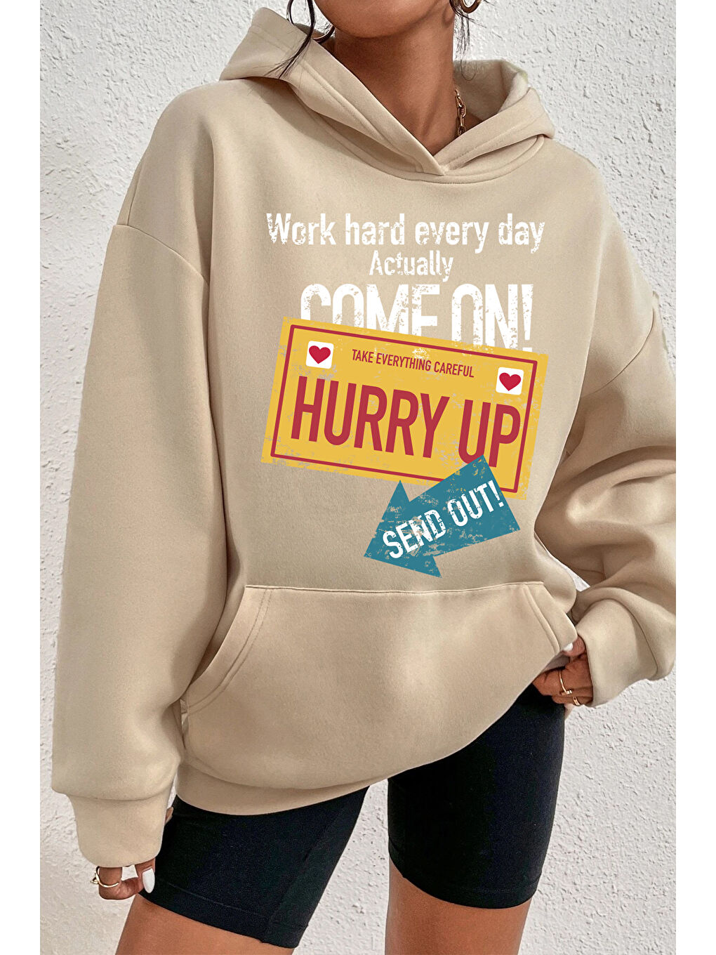 uyguntarz Bej Unisex Oversize Hurry Up Baskılı Sweatshirt