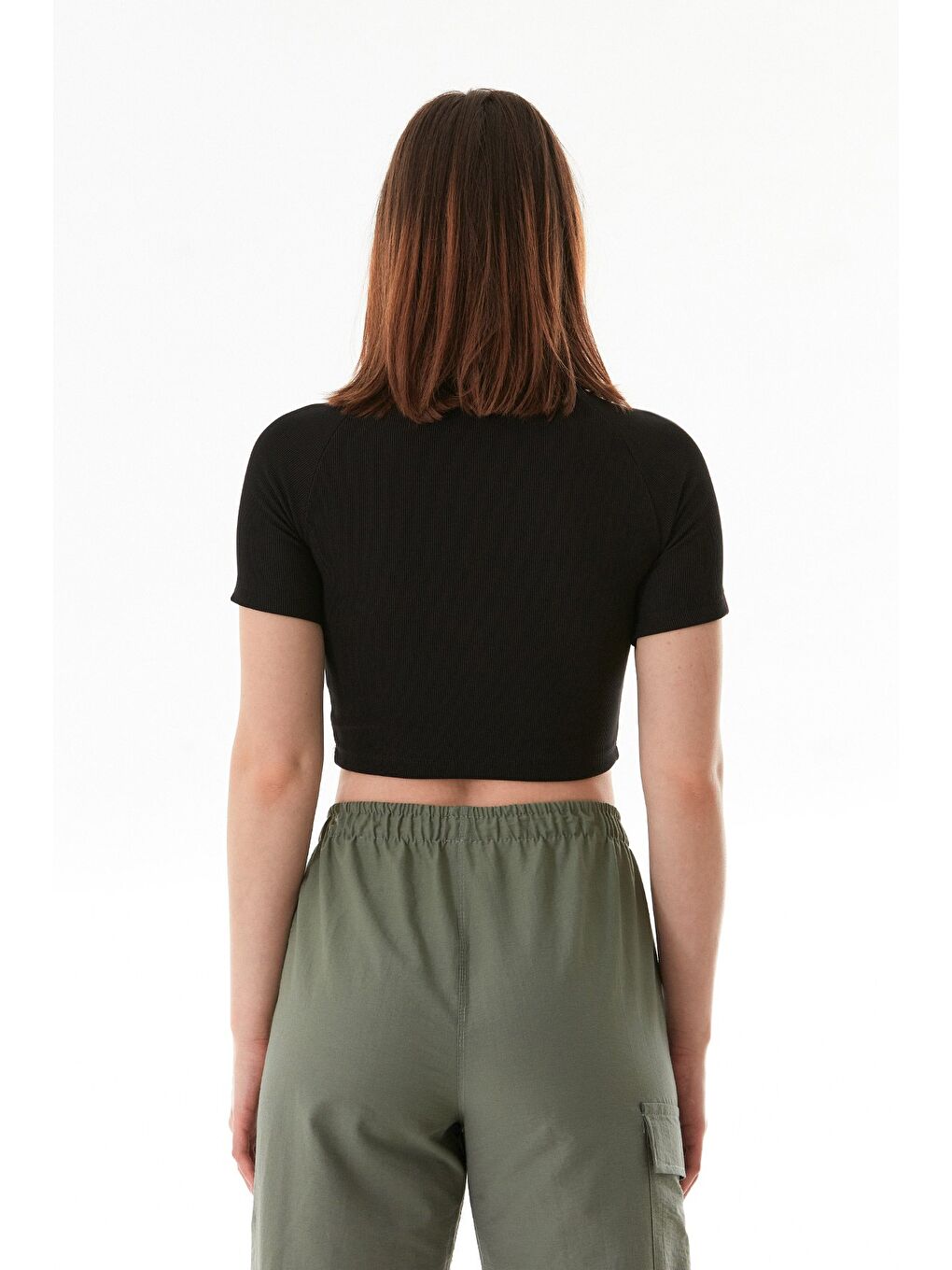 Siyah Fitilli Kolları Şeritli Crop Tişört-3
