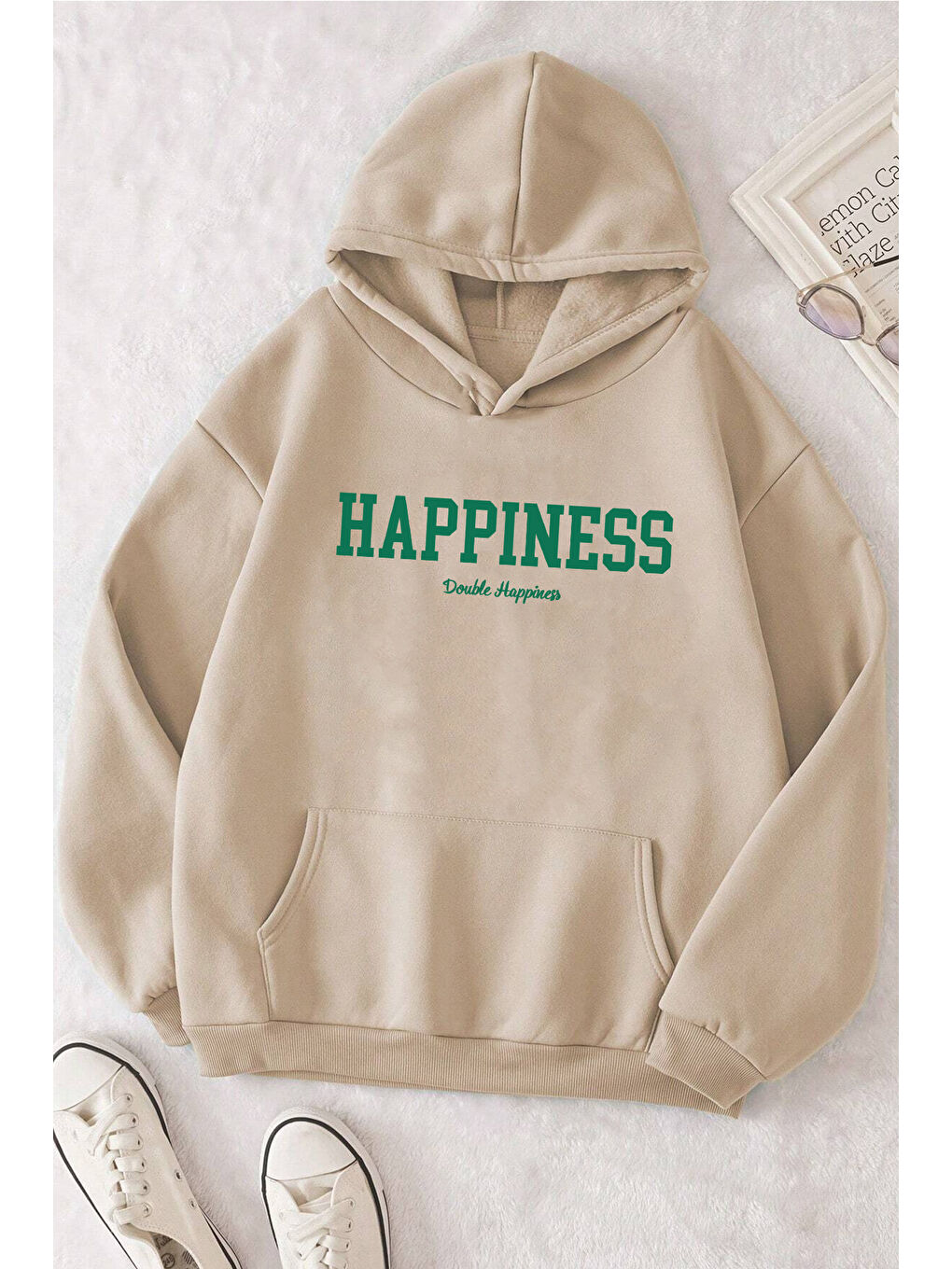 uyguntarz Bej Unisex Oversize Happiness Baskılı Sweatshirt