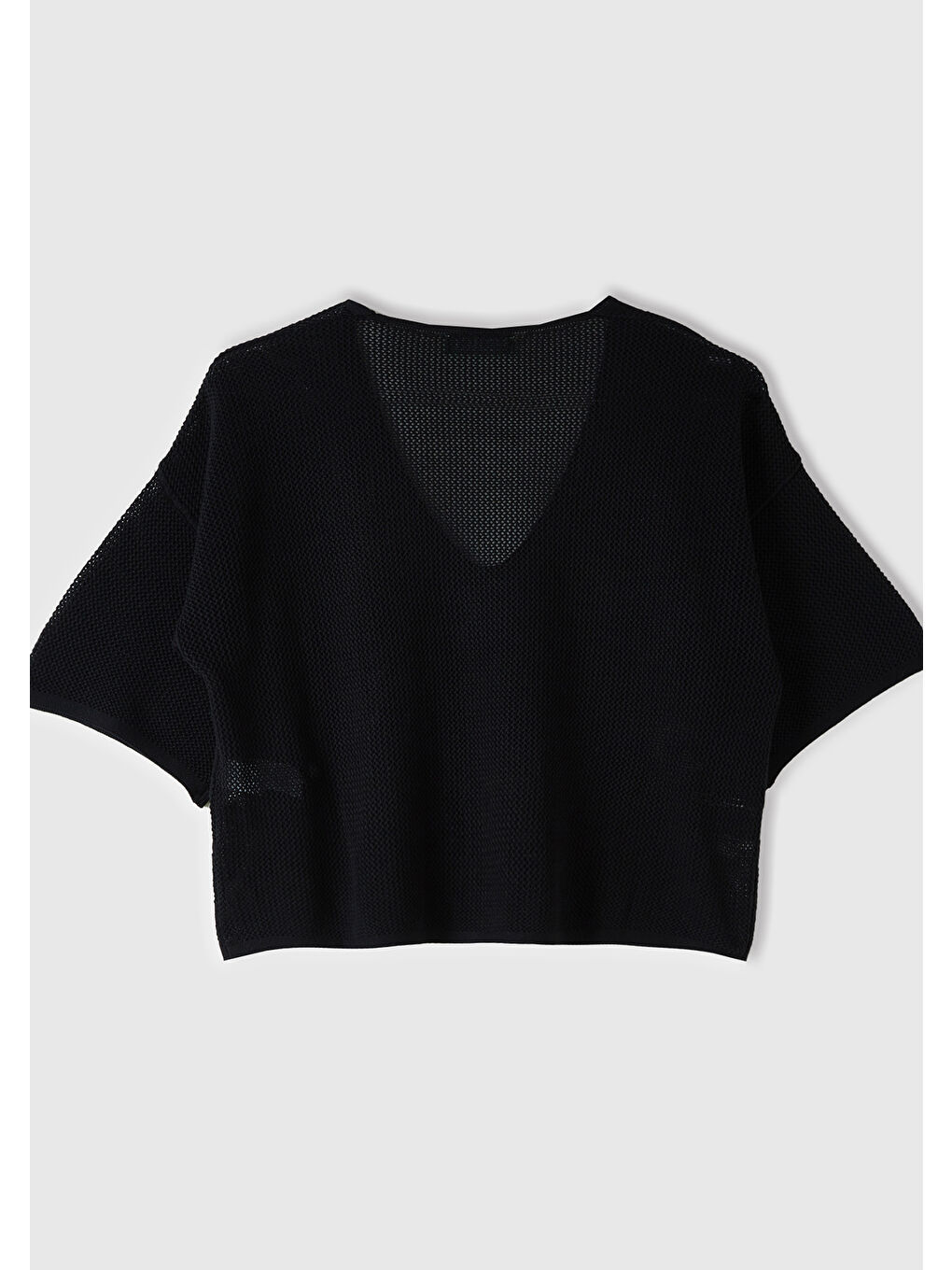 Kadın Siyah Pamuk Modal Karışımlı Motifli V Yaka Crop Triko Tişört-2