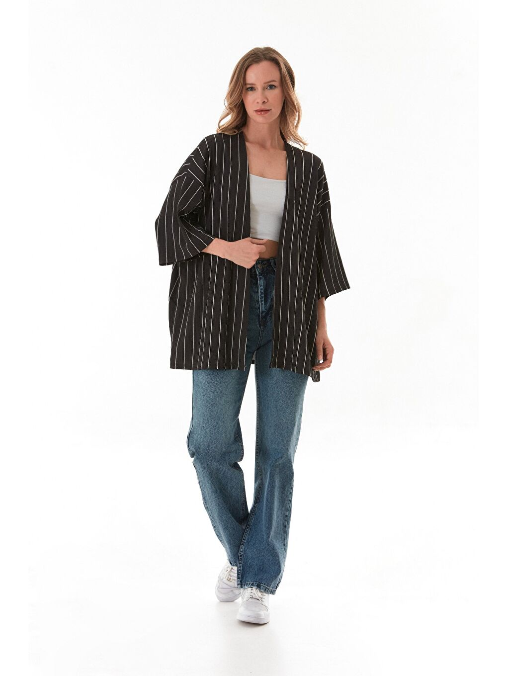 Antrasit Çizgili Bürümcük Kumaş Kimono-2
