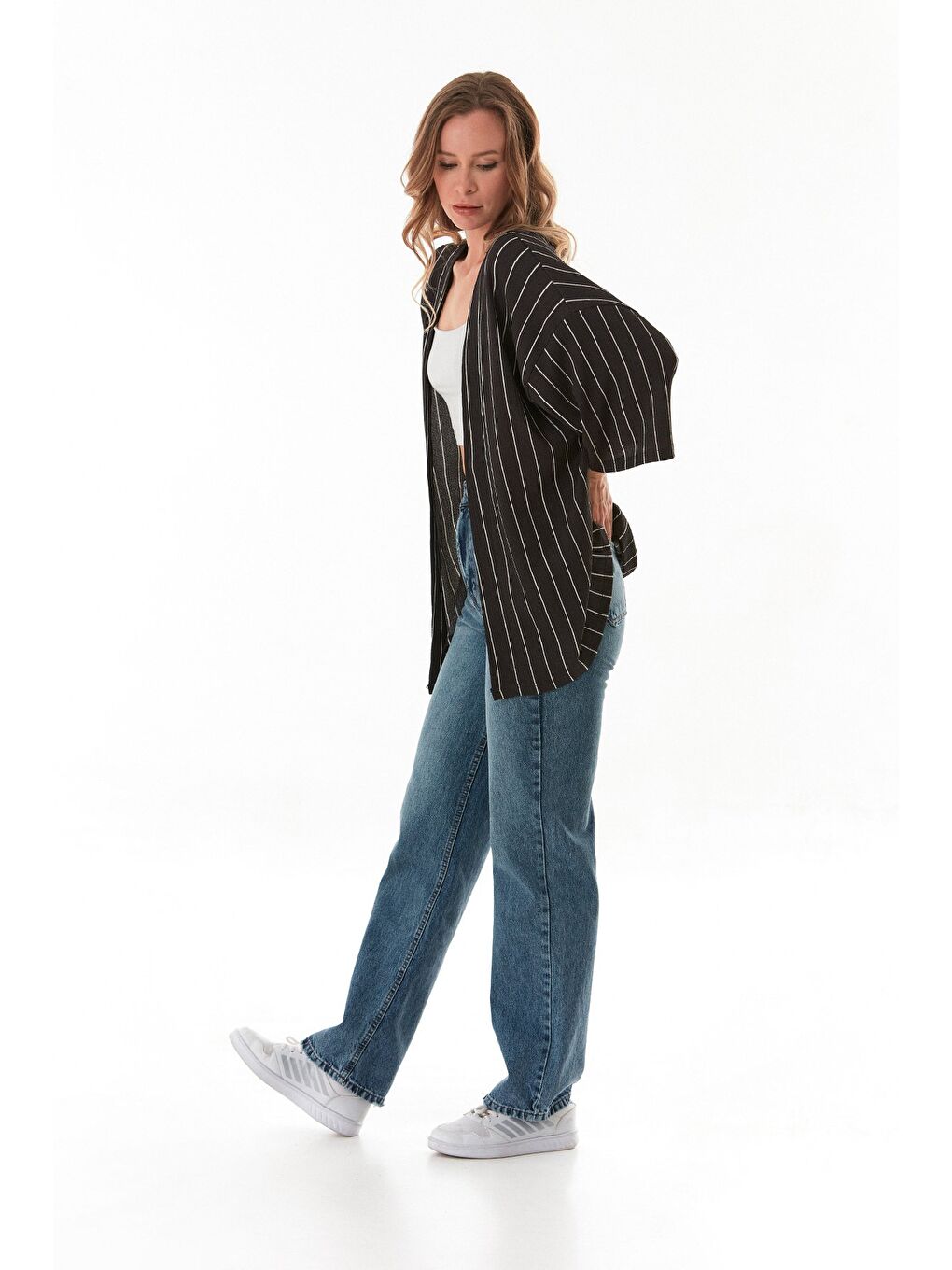 Antrasit Çizgili Bürümcük Kumaş Kimono-3