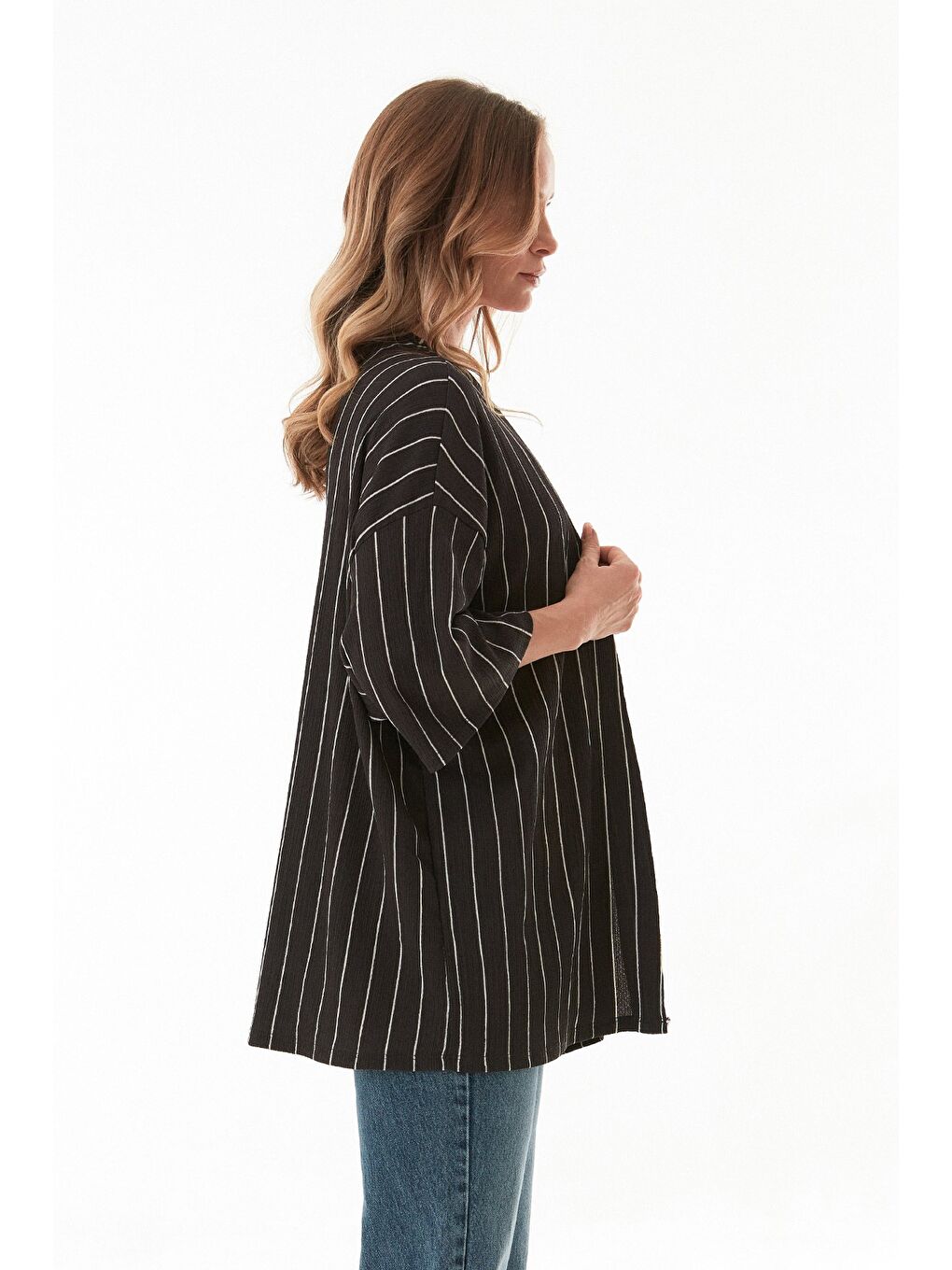 Antrasit Çizgili Bürümcük Kumaş Kimono-4