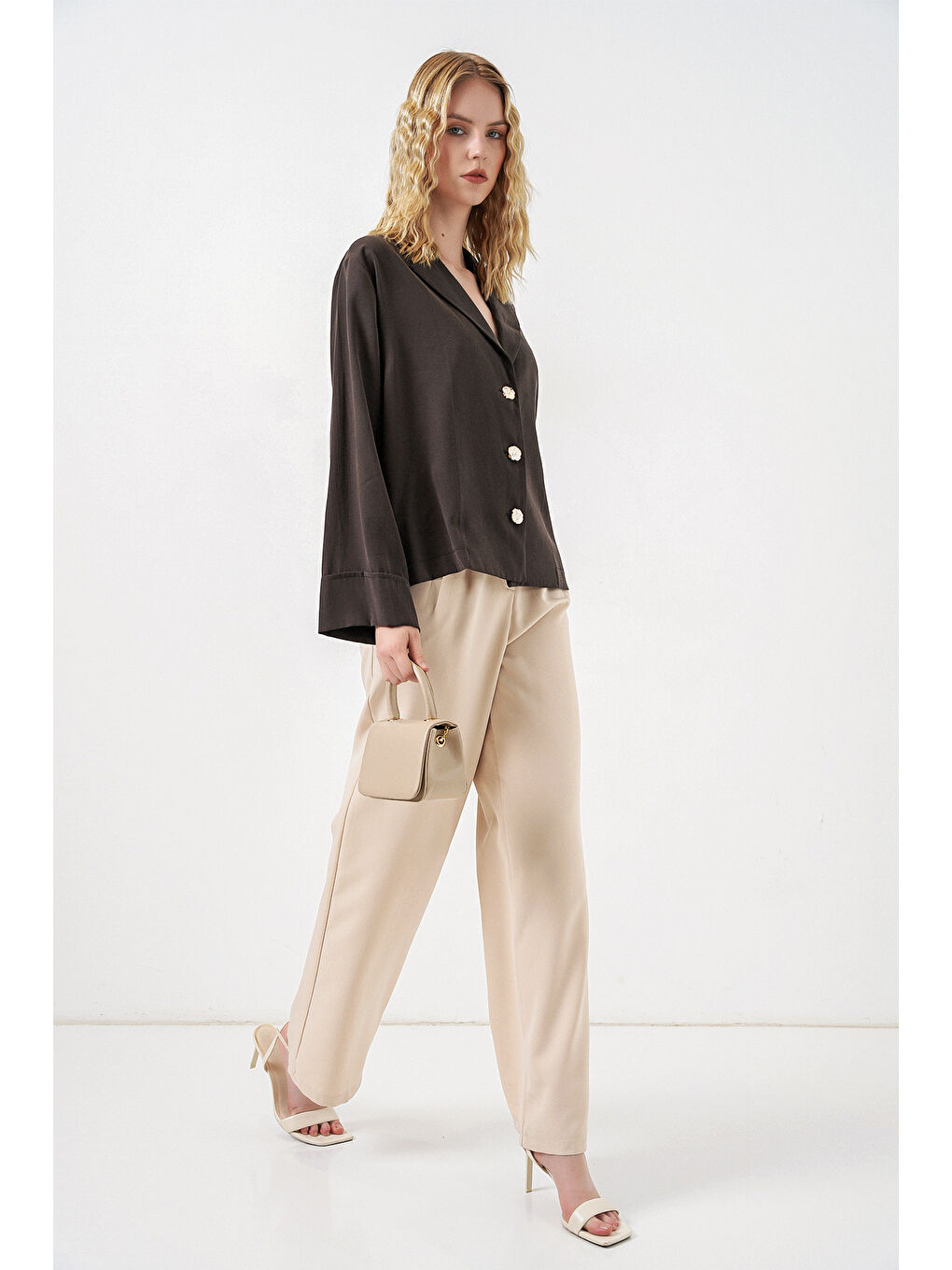 Kahverengi Kadın Kruvaze Yaka Oversize Ceket 0747 - A.Kahve-1