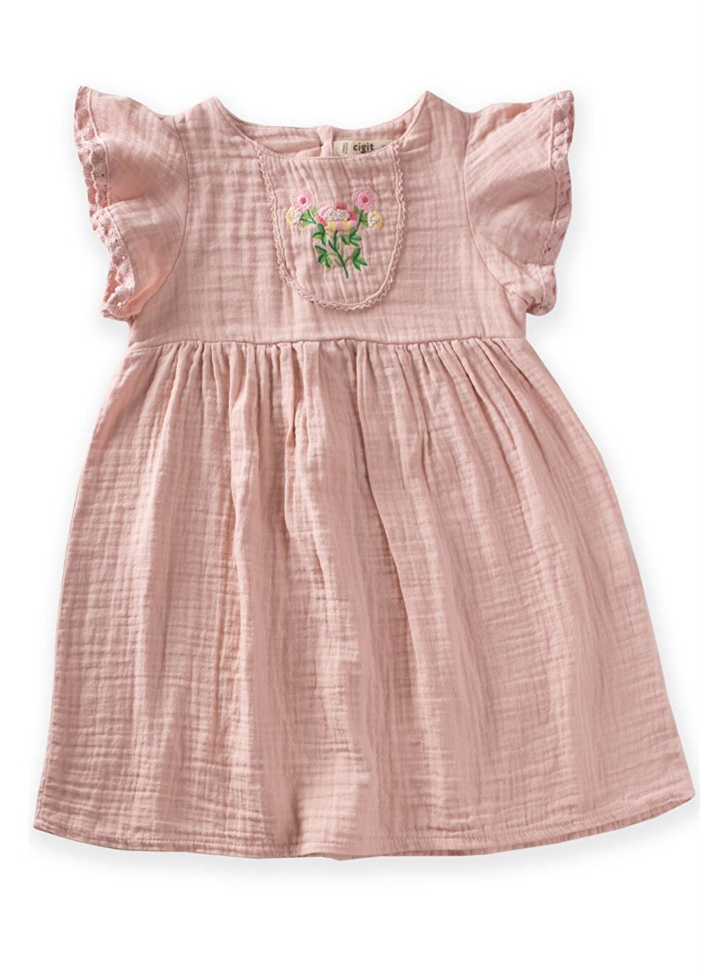 Robası Nakışlı Dantel Detaylı Bohem Müslin Elbise 2-8 Yaş Pudra Pembe-1