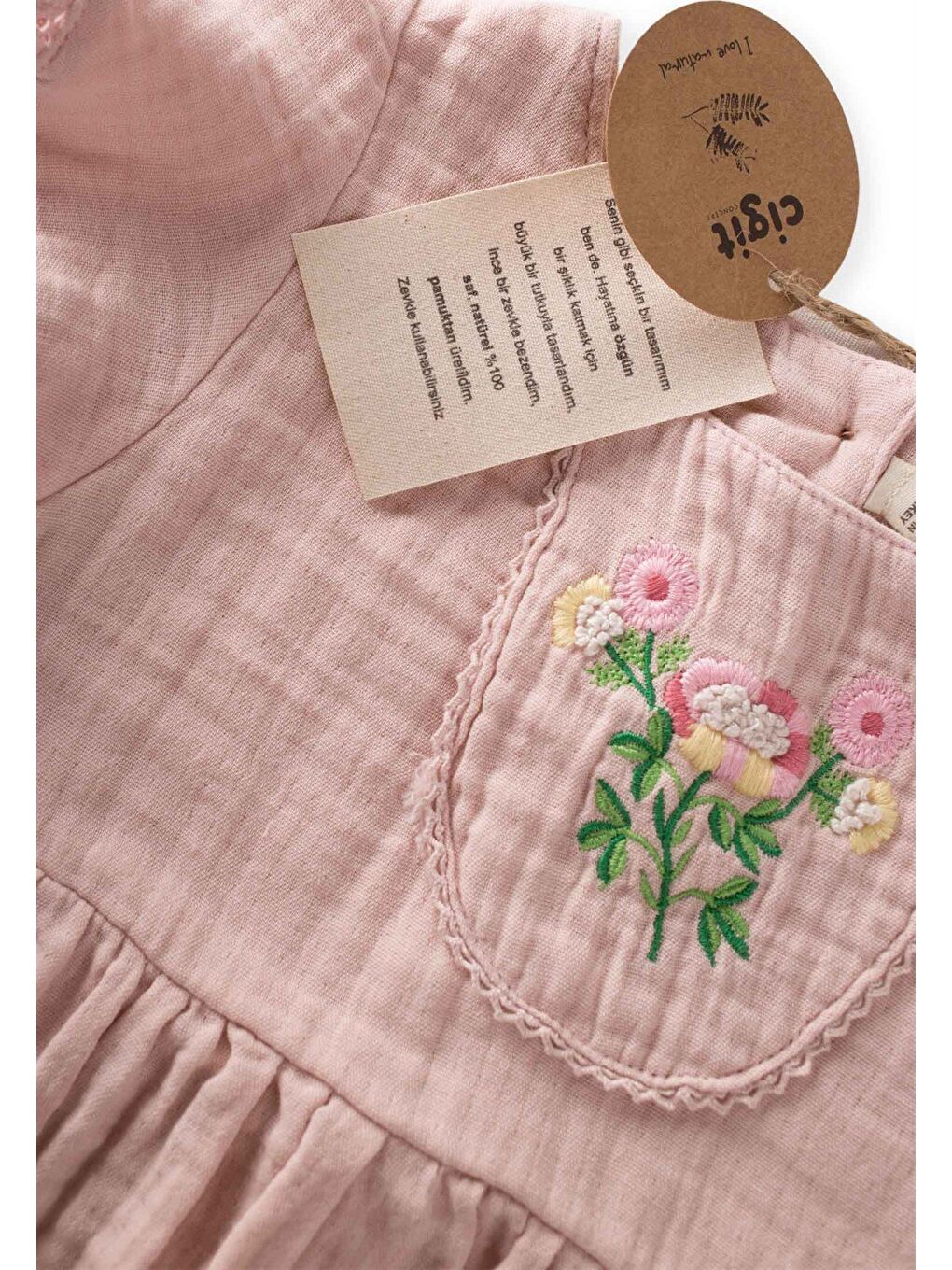 Robası Nakışlı Dantel Detaylı Bohem Müslin Elbise 2-8 Yaş Pudra Pembe-3