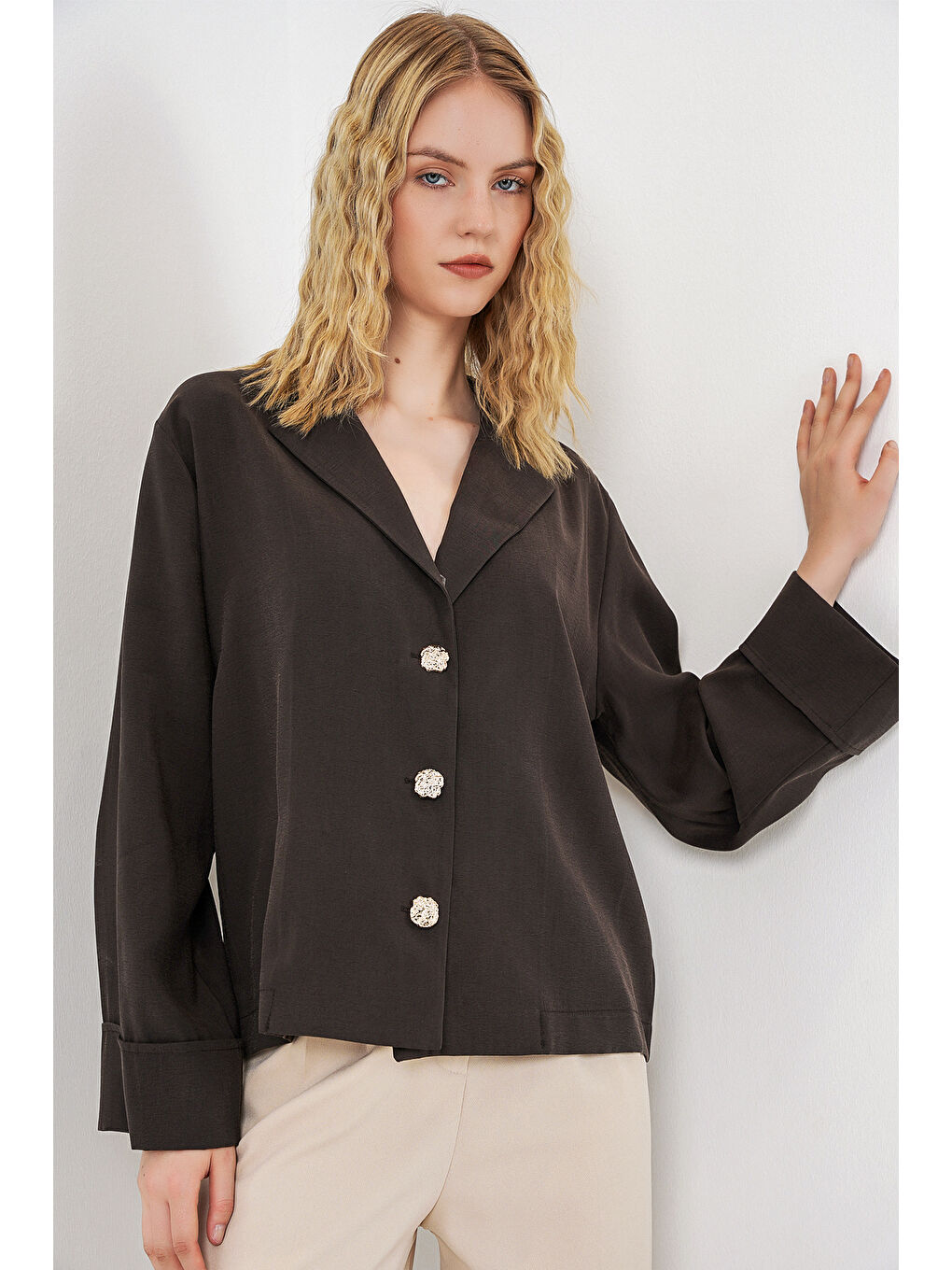 Kahverengi Kadın Kruvaze Yaka Oversize Ceket 0747 - A.Kahve-2