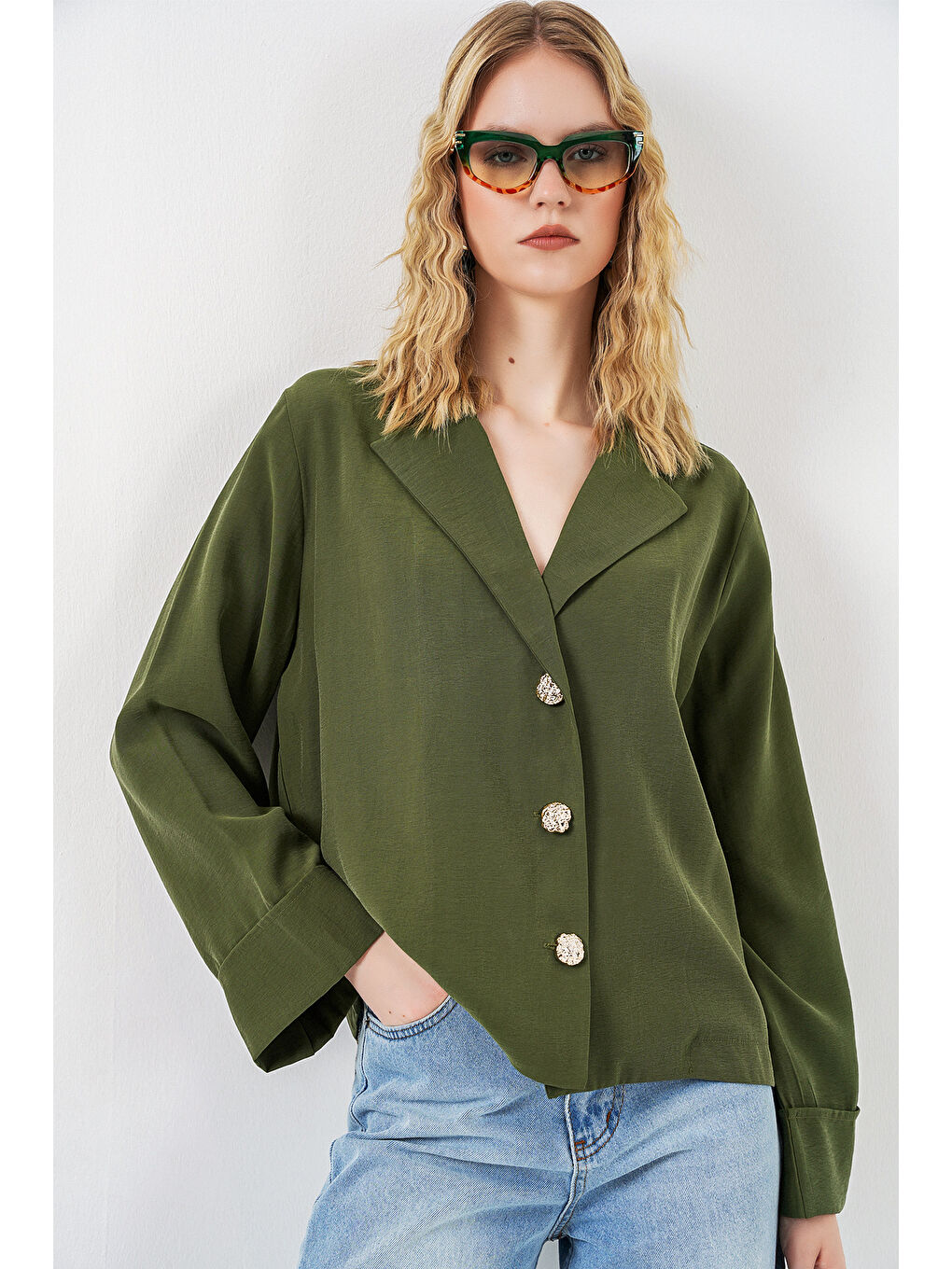 Kadın Kruvaze Yaka Oversize Ceket 0747 - Haki