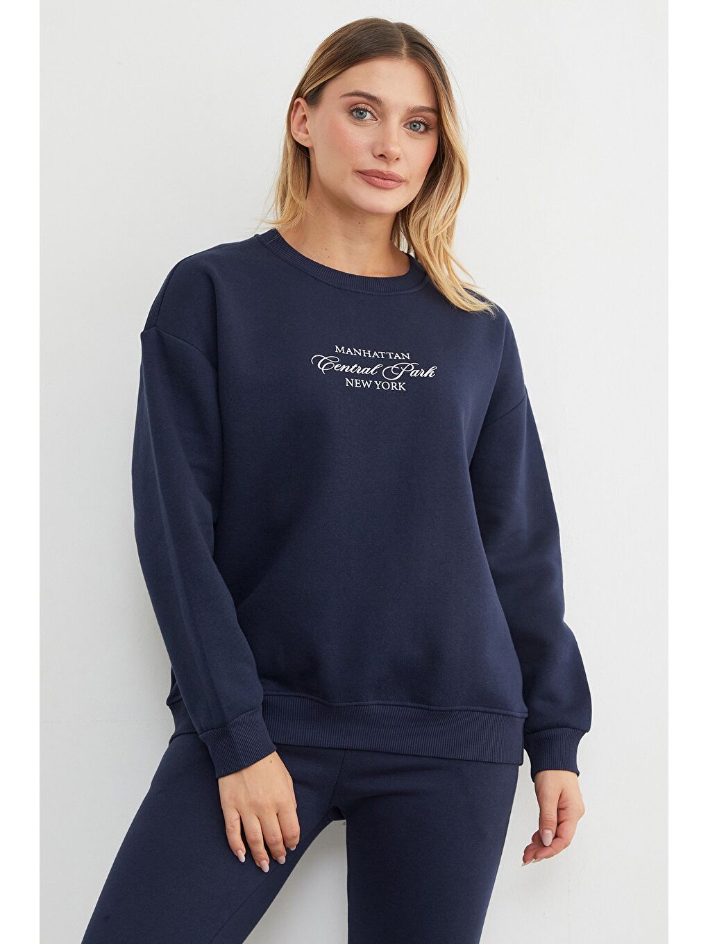 Lacivert 3 İplik Manhattan Baskılı Bisiklet Yaka Sweatshirt-1