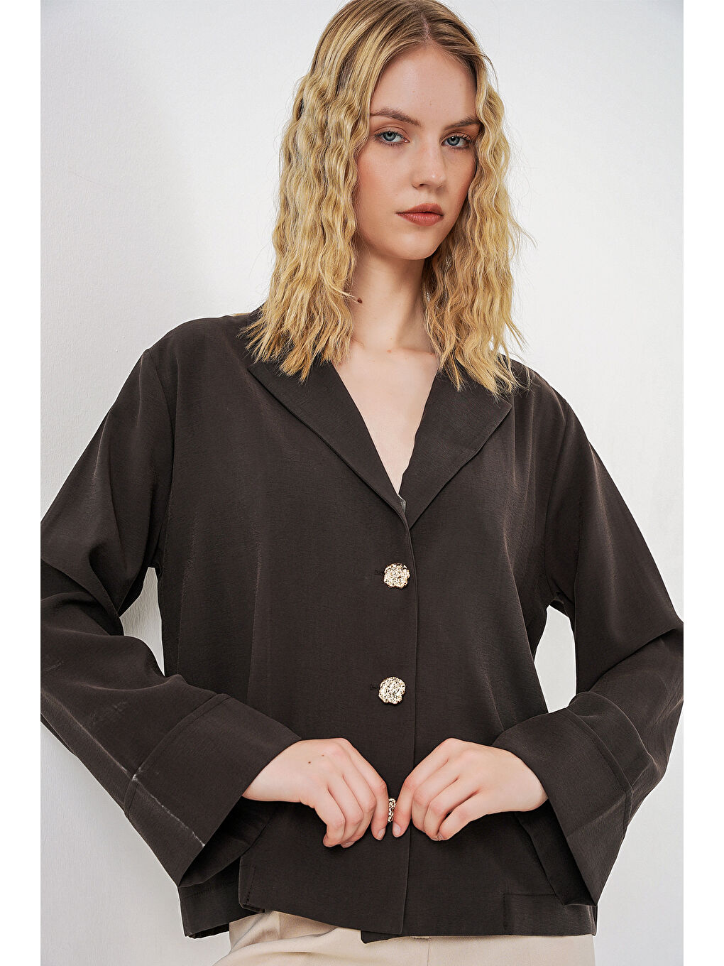 Kahverengi Kadın Kruvaze Yaka Oversize Ceket 0747 - A.Kahve-3