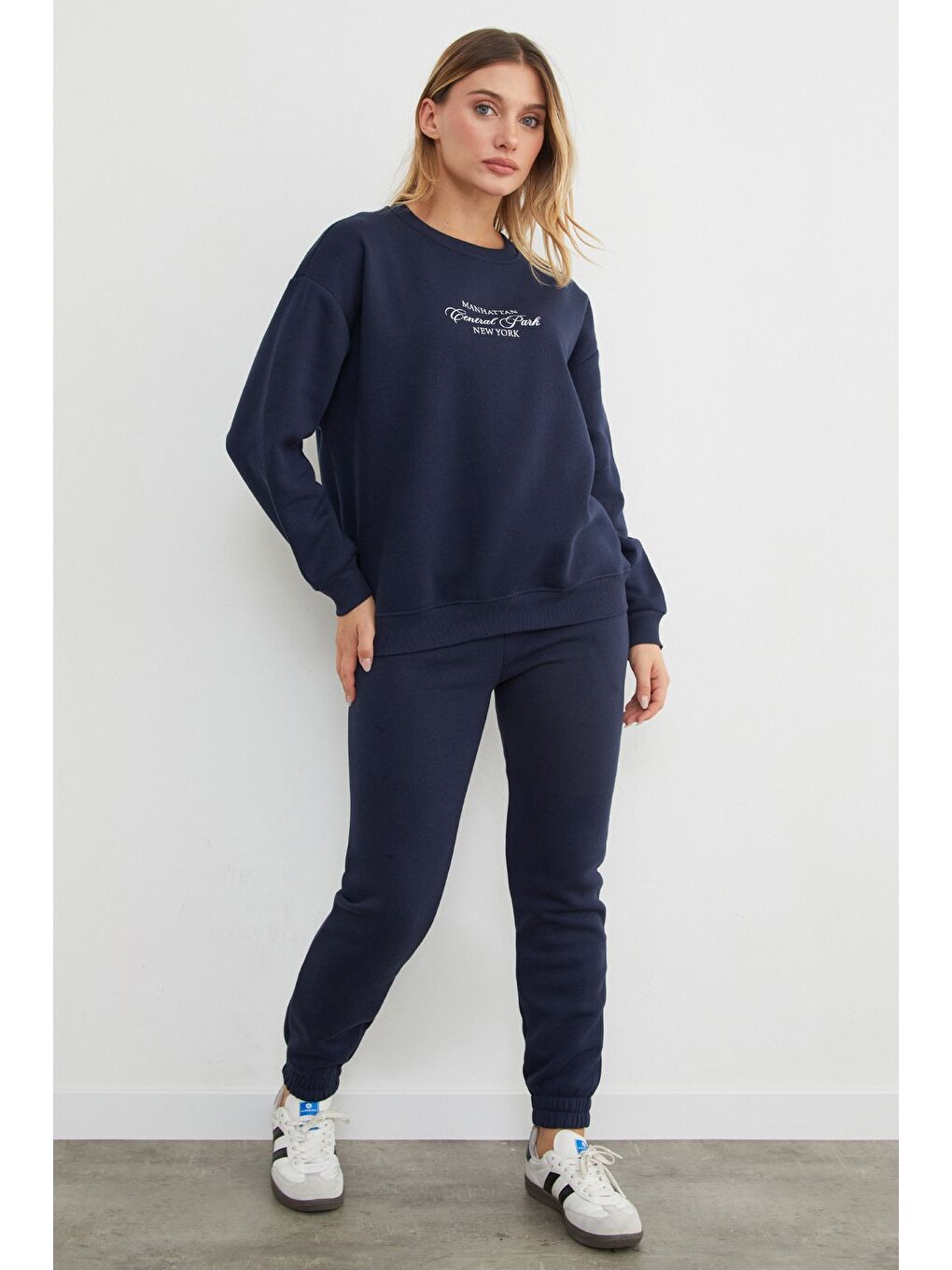 Lacivert 3 İplik Manhattan Baskılı Bisiklet Yaka Sweatshirt-2