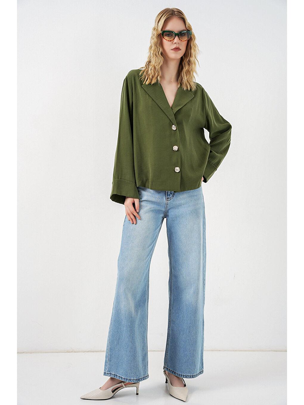 Kadın Kruvaze Yaka Oversize Ceket 0747 - Haki-1