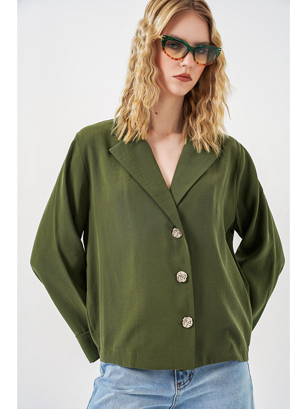 Kadın Kruvaze Yaka Oversize Ceket 0747 - Haki-2