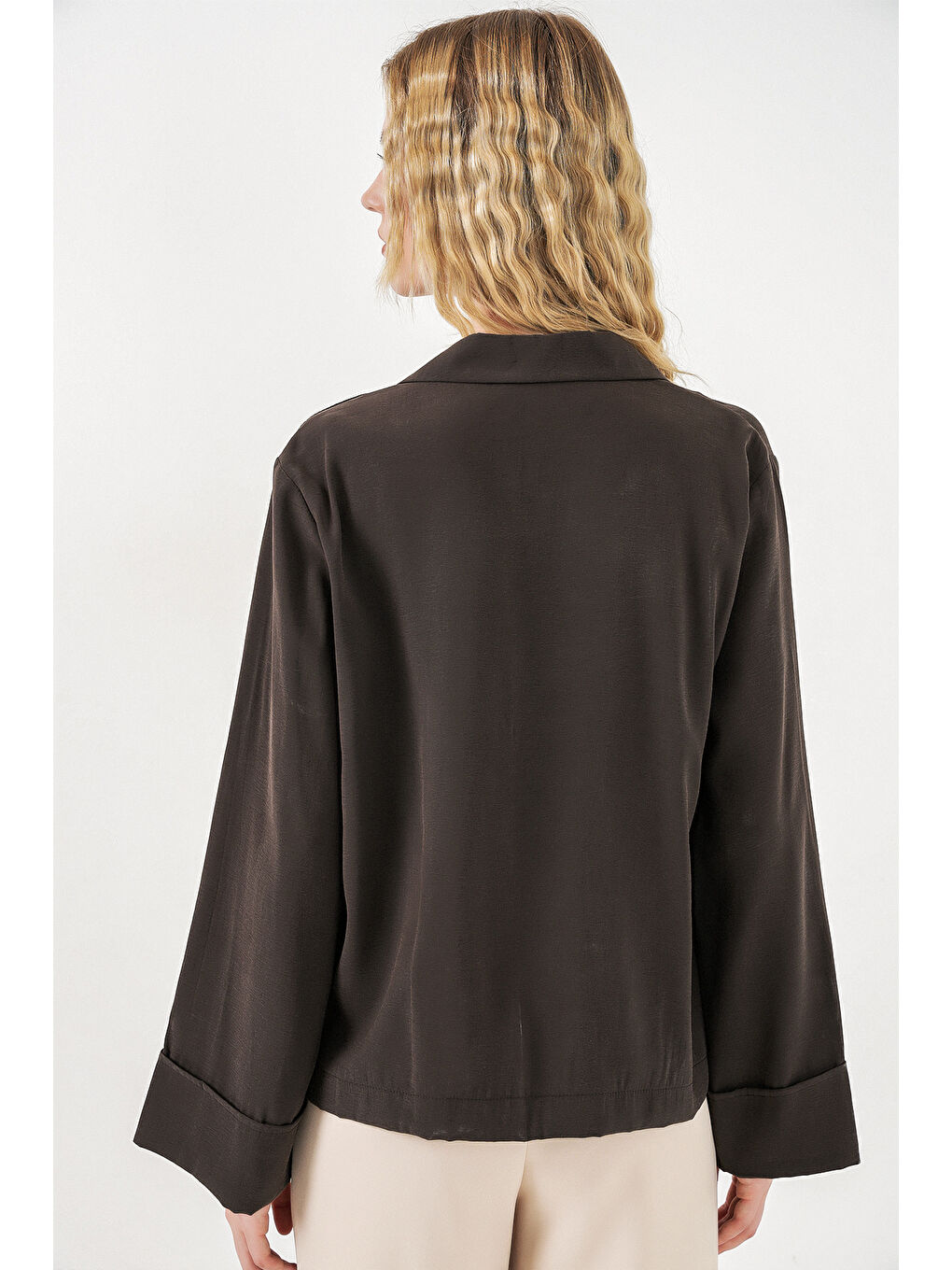 Kahverengi Kadın Kruvaze Yaka Oversize Ceket 0747 - A.Kahve-5