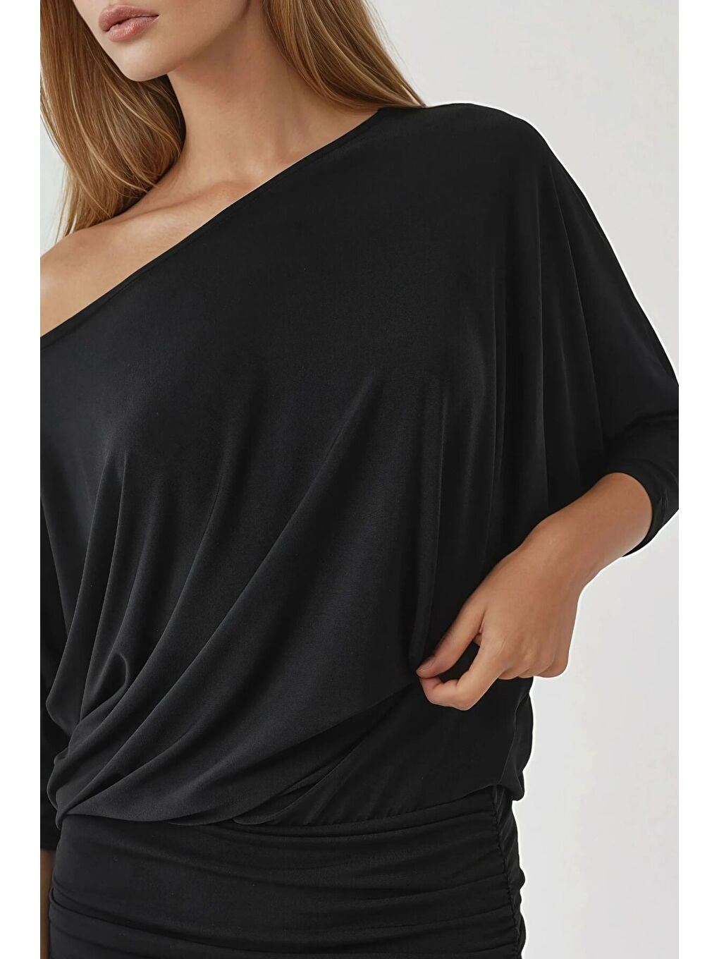 Düşük Omuz Esnek Elbise Siyah-4