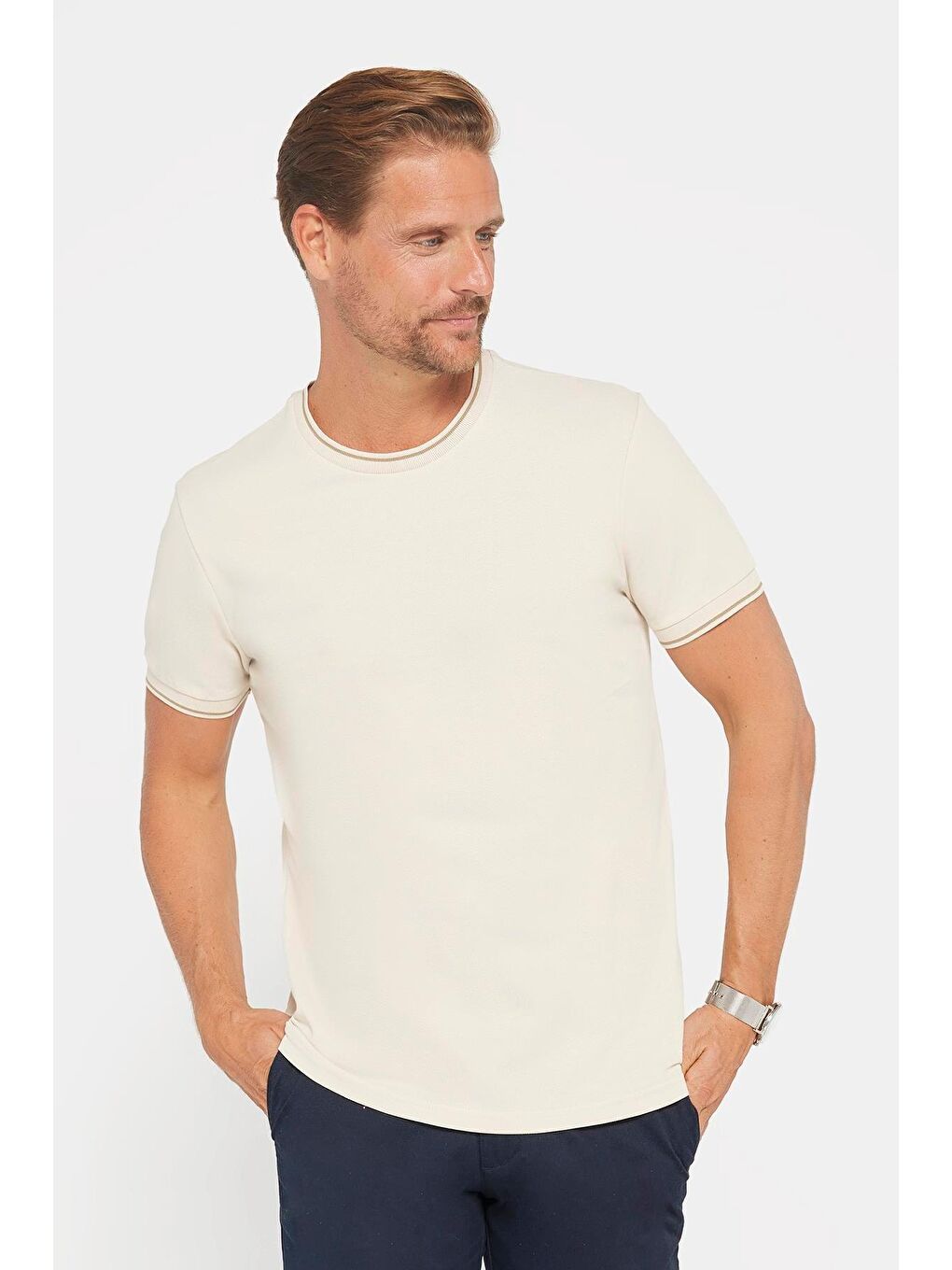 Bej Erkek Slim Fit Dar Kesim %100 Pamuk Düz Pike Taş Rengi Bisiklet Yaka Tişört