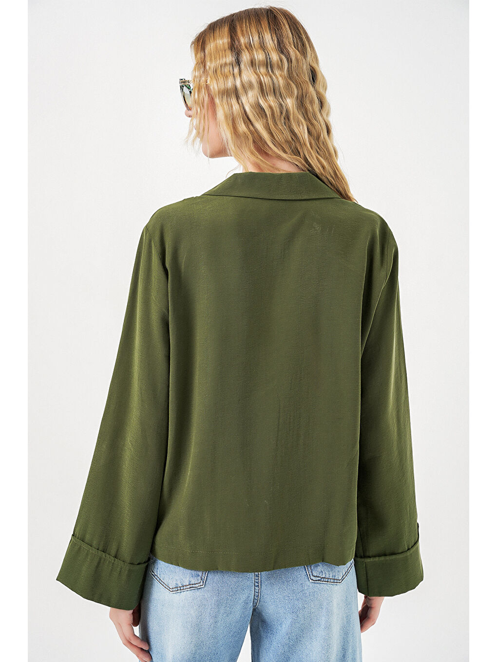Kadın Kruvaze Yaka Oversize Ceket 0747 - Haki-4